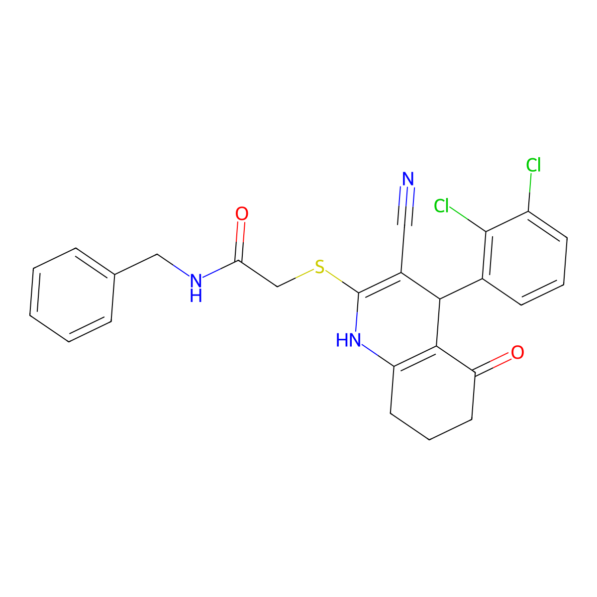 N-benzyl-2-[[3-cyano-4-(2,3-dichlorophenyl)-5-oxo-4,6,7,8-tetrahydro-1H-quinolin-2-yl]sulfanyl]acetamide molecular structure, CAS 488130-05-8