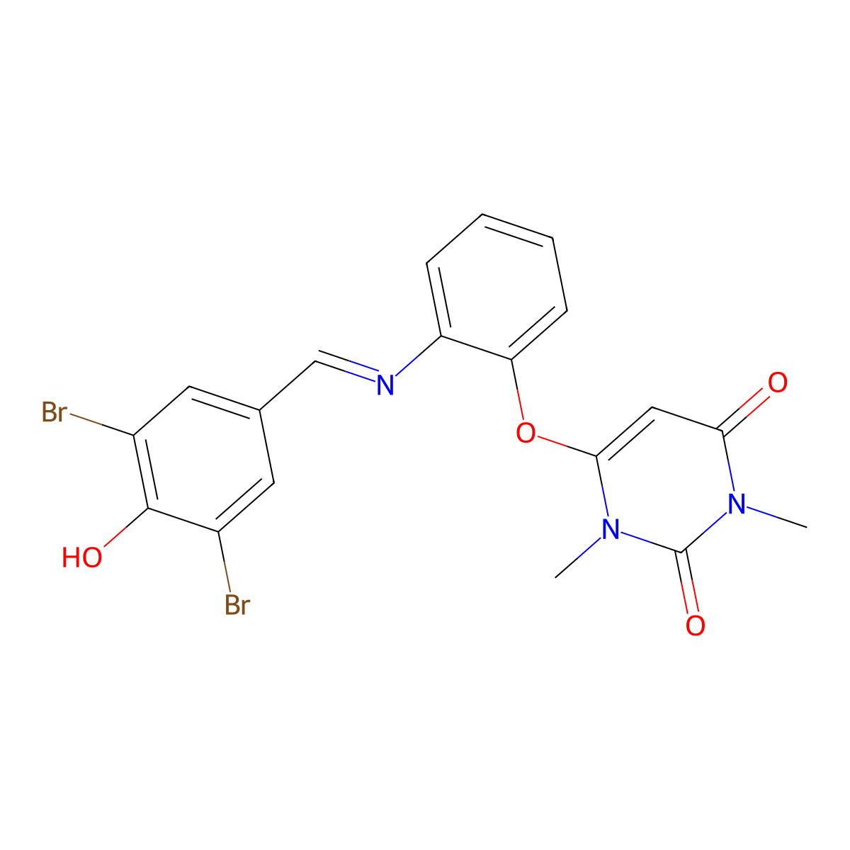 6-{2-[(3,5-dibromo-4-hydroxybenzylidene)amino]phenoxy}-1,3-dimethyl-2,4(1H,3H)-pyrimidinedione molecular structure, CAS 488130-93-4