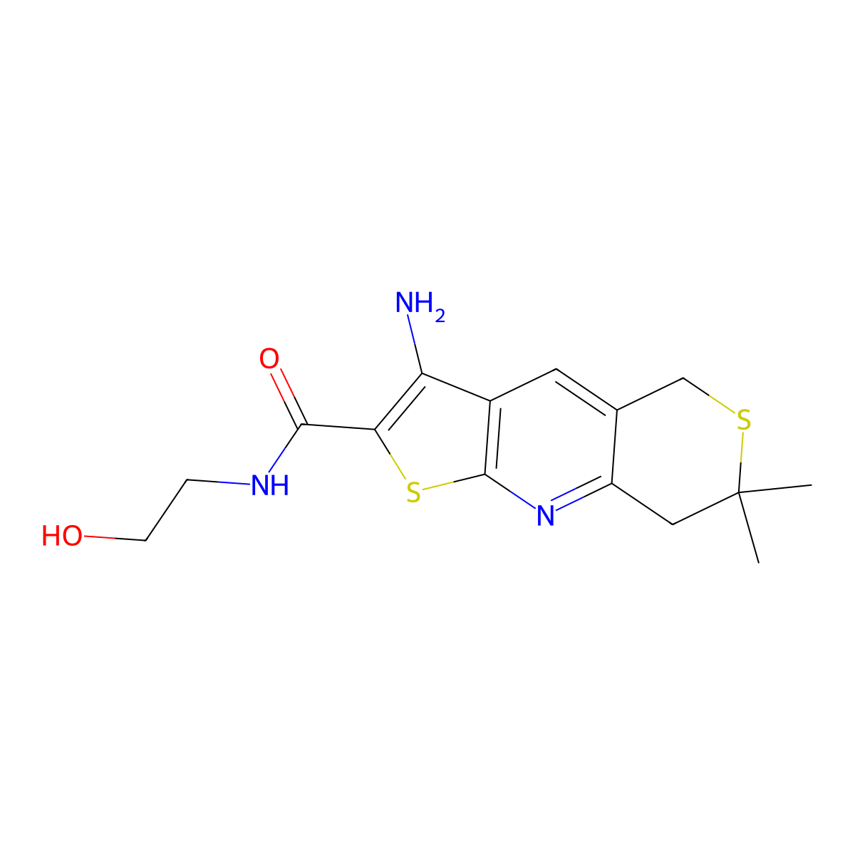 3-amino-N-(2-hydroxyethyl)-7,7-dimethyl-7,8-dihydro-5H-thieno[2,3-b]thiopyrano[3,4-e]pyridine-2-carboxamide molecular structure, CAS 488130-96-7