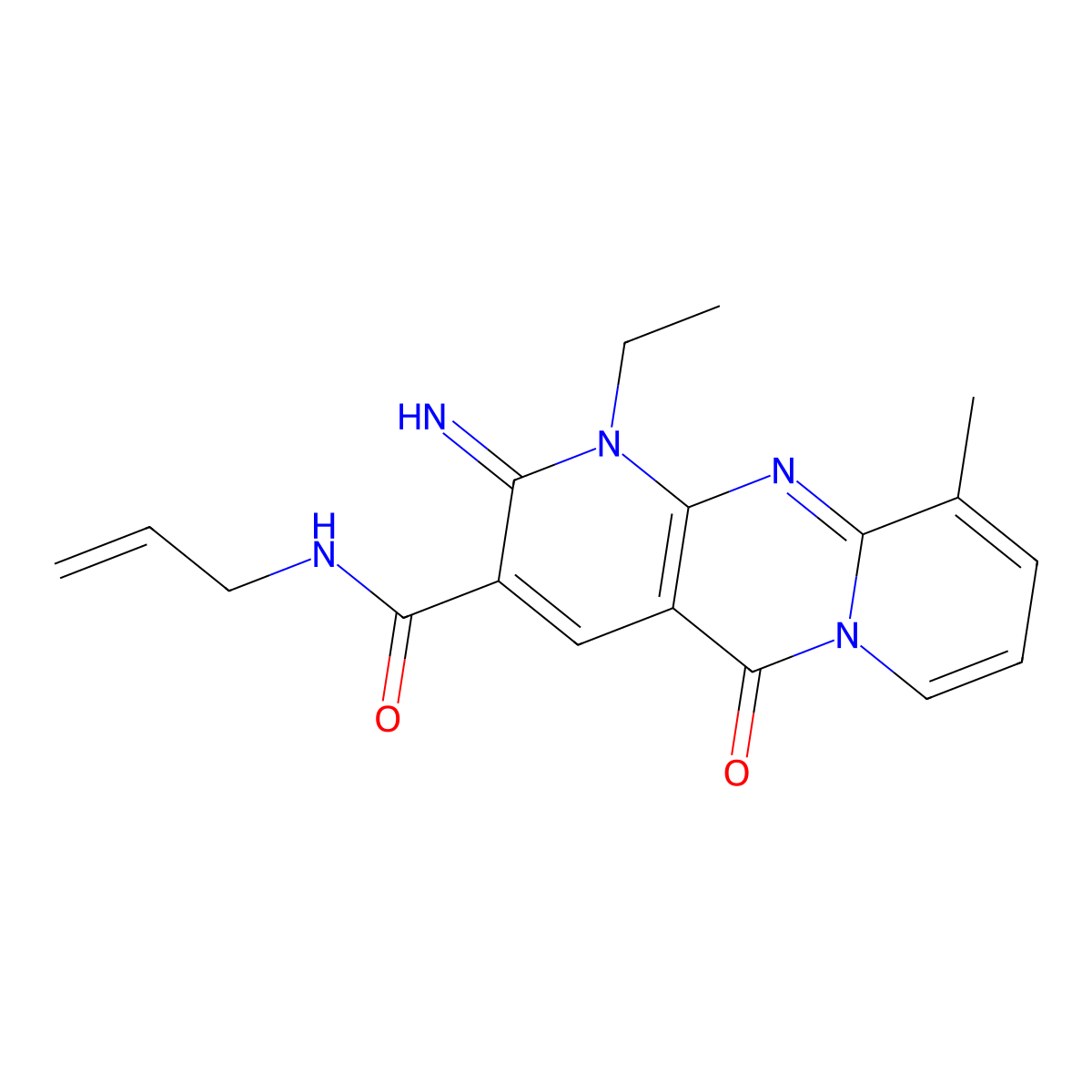 N-Allyl-1-ethyl-2-imino-10-methyl-5-oxo-1,5-dihydro-2H-dipyrido[1,2-A:2,3-D]pyrimidine-3-carboxamide molecular structure, CAS 488131-28-8
