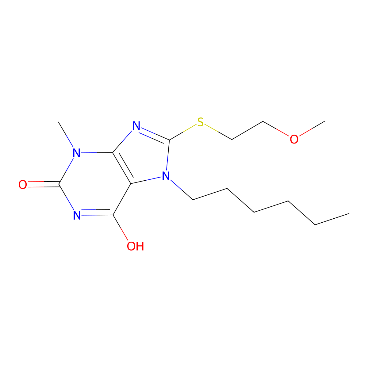 7-hexyl-8-((2-methoxyethyl)thio)-3-methyl-1H-purine-2,6(3H,7H)-dione molecular structure, CAS 488131-72-2