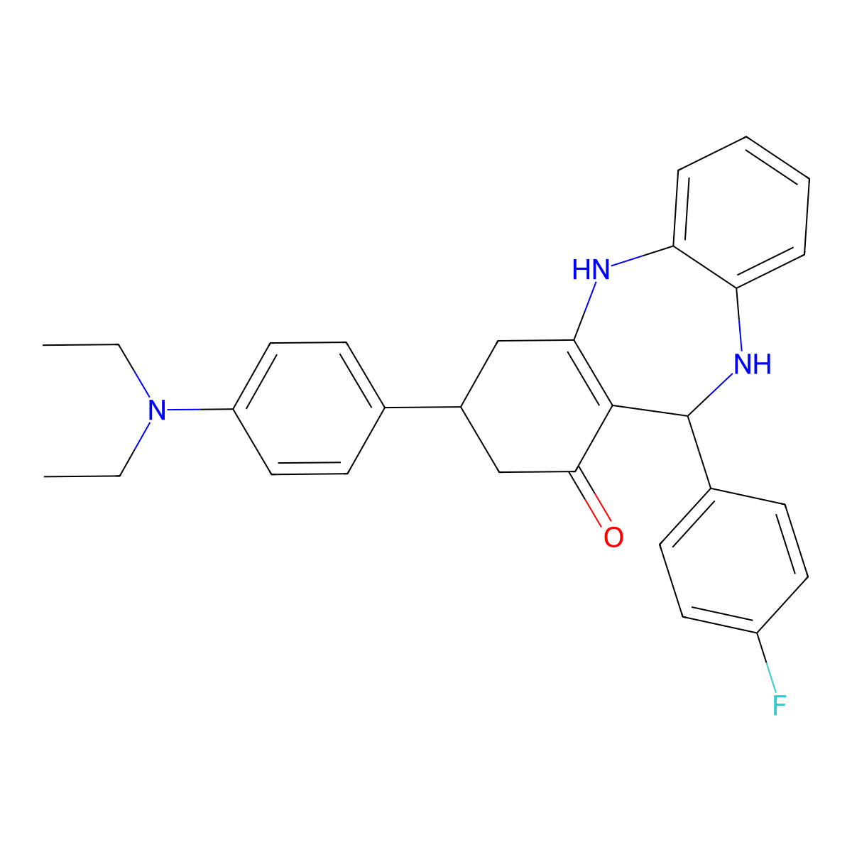 3-[4-(diethylamino)phenyl]-11-(4-fluorophenyl)-3,4,10,11-tetrahydro-2H-dibenzo[b,e][1,4]diazepin-1-ol molecular structure, CAS 488132-81-6