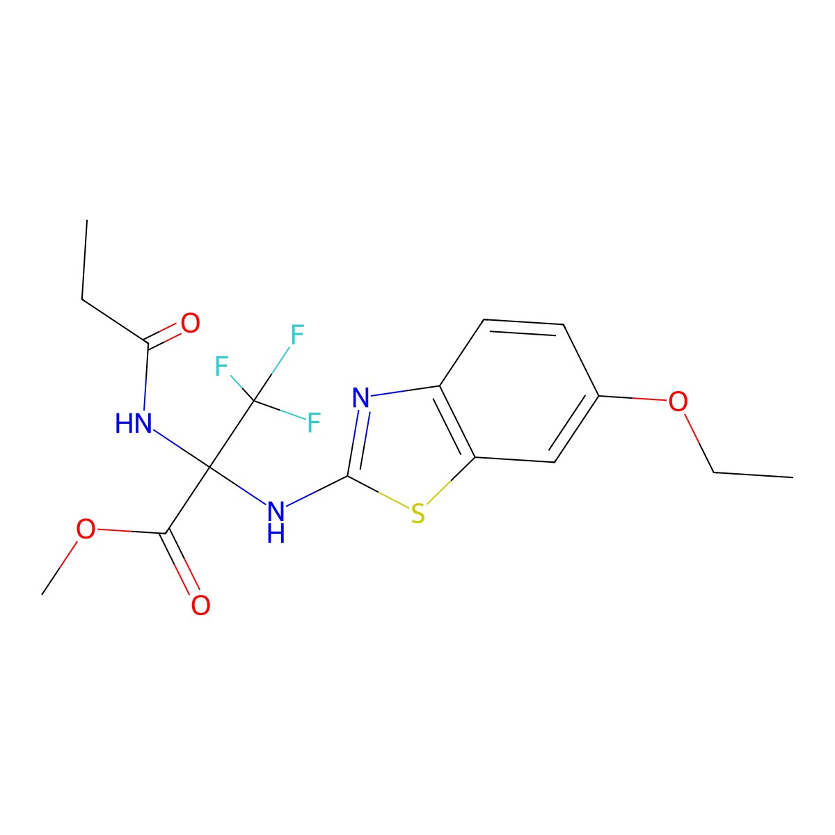 Methyl 2-[(6-ethoxy-1,3-benzothiazol-2-yl)amino]-3,3,3-trifluoro-2-(propanoylamino)propanoate molecular structure, CAS 488132-85-0