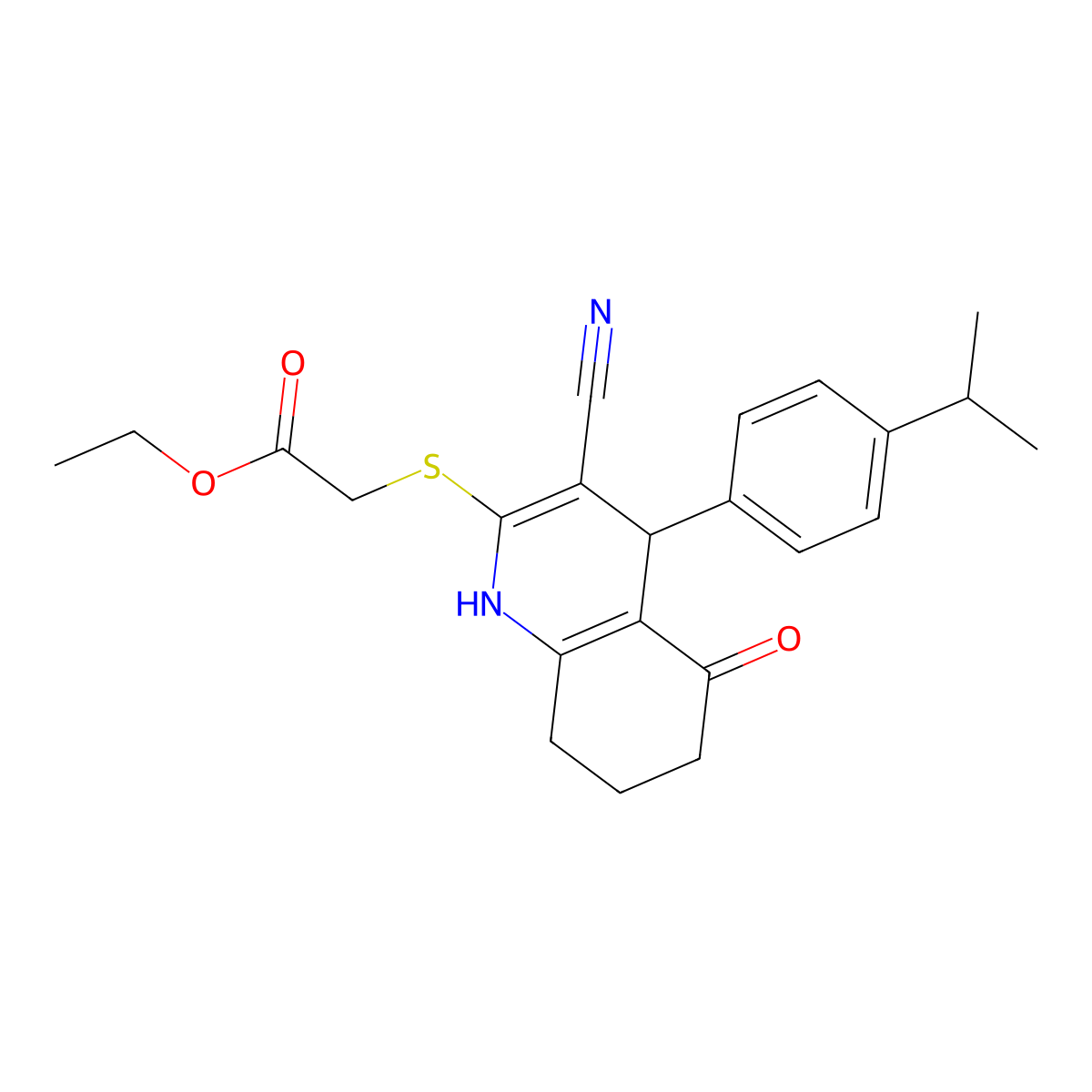 Ethyl 2-((3-cyano-4-(4-isopropylphenyl)-5-oxo-1,4,5,6,7,8-hexahydroquinolin-2-yl)thio)acetate molecular structure, CAS 488134-10-7