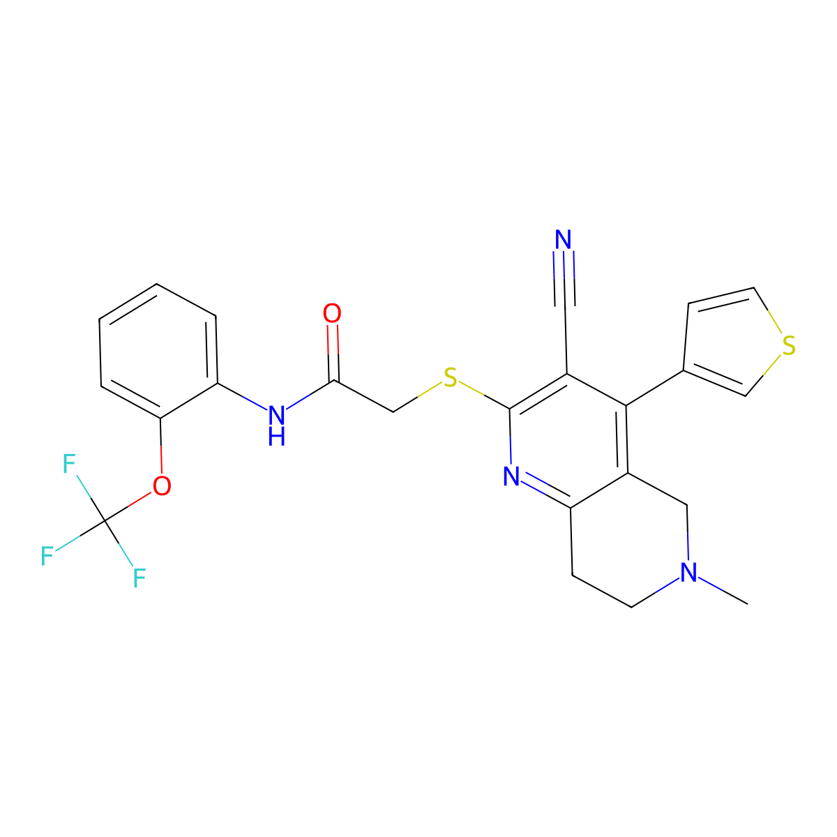 2-{[3-cyano-6-methyl-4-(thiophen-3-yl)-5,6,7,8-tetrahydro-1,6-naphthyridin-2-yl]sulfanyl}-N-[2-(trifluoromethoxy)phenyl]acetamide molecular structure, CAS 488134-50-5