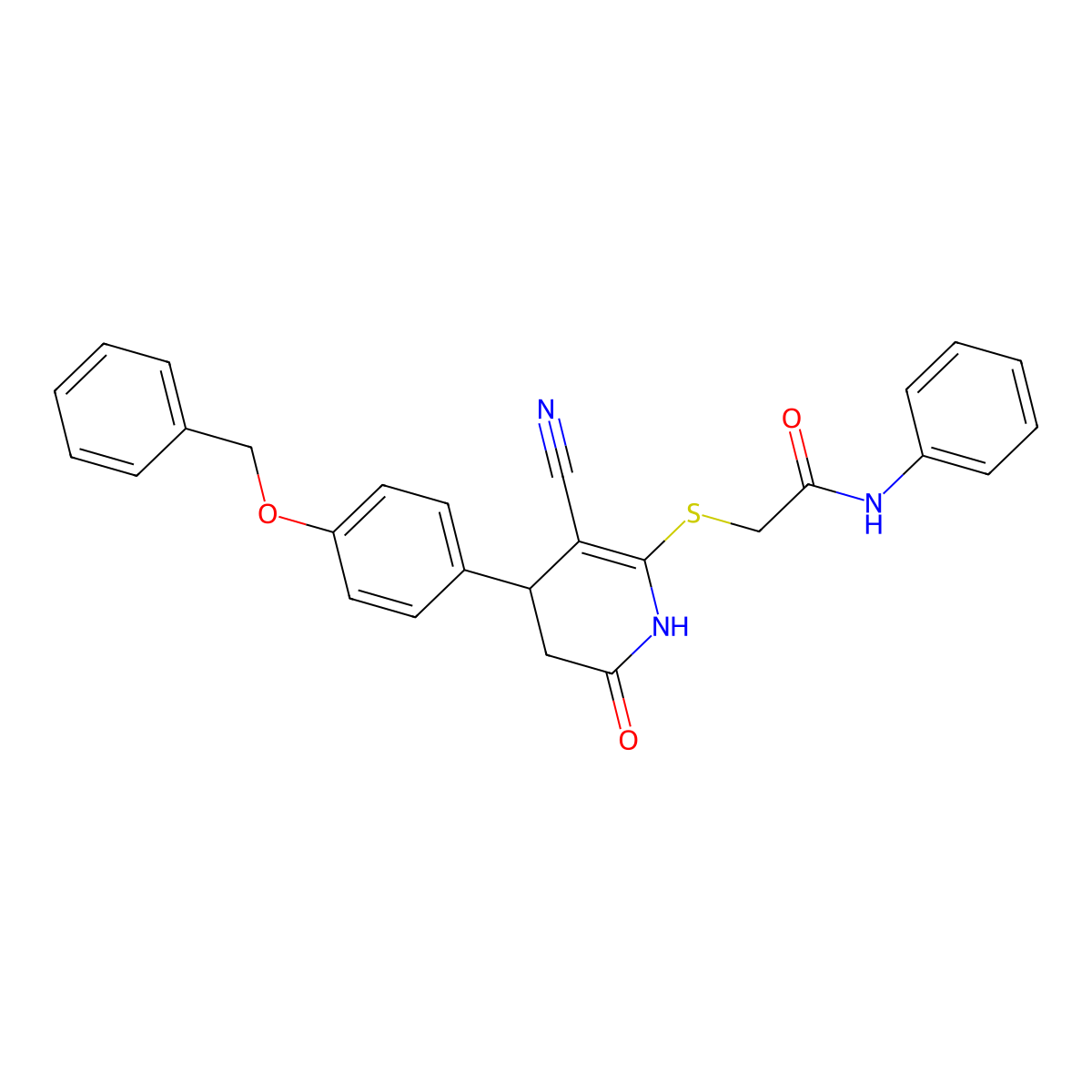 2-((4-(4-(benzyloxy)phenyl)-3-cyano-6-oxo-1,4,5,6-tetrahydropyridin-2-yl)thio)-N-phenylacetamide molecular structure, CAS 488134-92-5