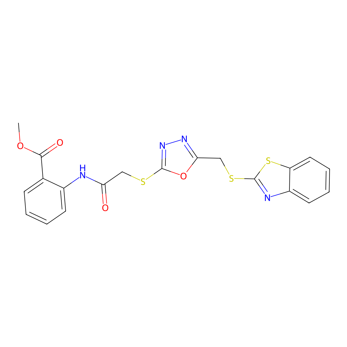 Methyl 2-(2-((5-((benzo[d]thiazol-2-ylthio)methyl)-1,3,4-oxadiazol-2-yl)thio)acetamido)benzoate molecular structure, CAS 488135-24-6