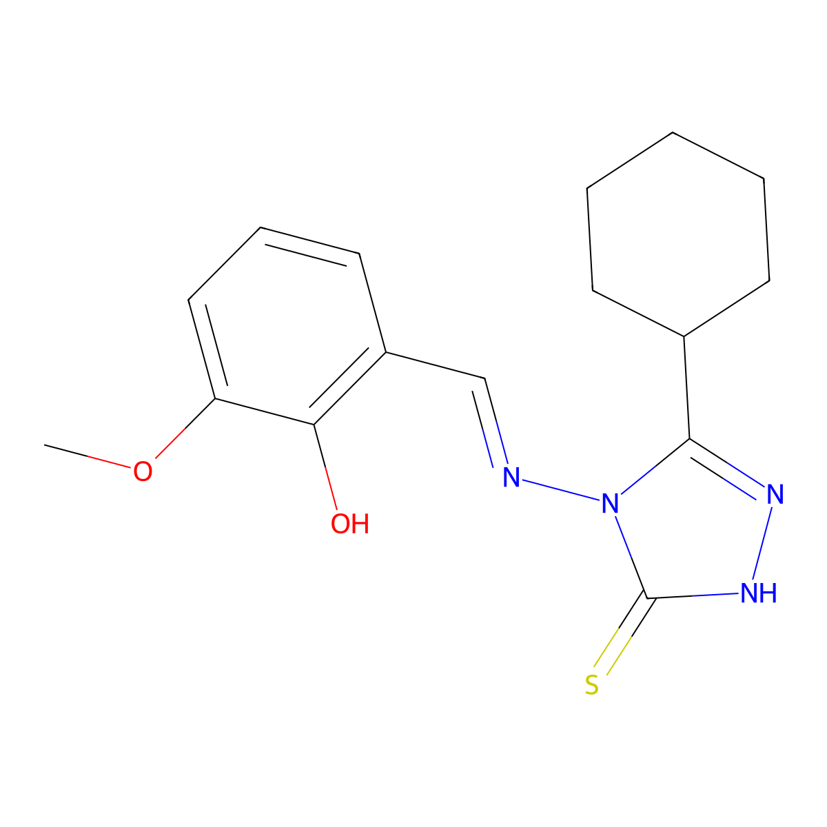 2-[(1Z)-2-(5-cyclohexyl-3-sulfanyl(1,2,4-triazol-4-yl))-2-azavinyl]-6-methoxyp henol molecular structure, CAS 488135-41-7