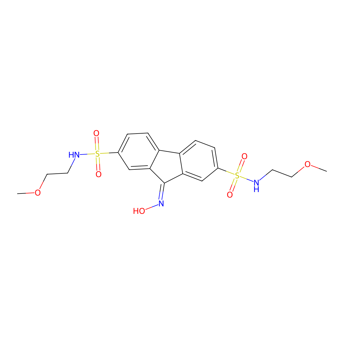 9-(hydroxyimino)-N2,N7-bis(2-methoxyethyl)-9H-fluorene-2,7-disulfonamide molecular structure, CAS 488136-24-9