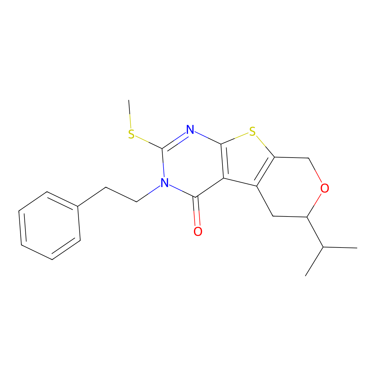 2-methylsulfanyl-3-(2-phenylethyl)-6-propan-2-yl-6,8-dihydro-5H-pyrano[2,3]thieno[2,4-b]pyrimidin-4-one molecular structure, CAS 488136-28-3