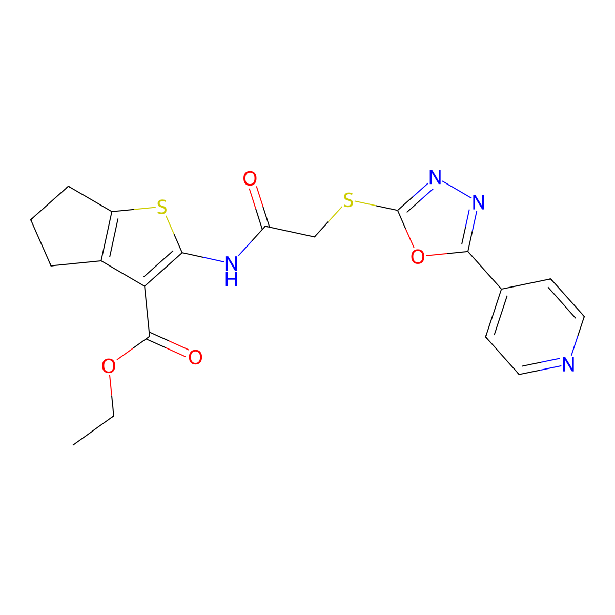 ethyl 2-[({[5-(pyridin-4-yl)-1,3,4-oxadiazol-2-yl]sulfanyl}acetyl)amino]-5,6-dihydro-4H-cyclopenta[b]thiophene-3-carboxylate molecular structure, CAS 488136-38-5