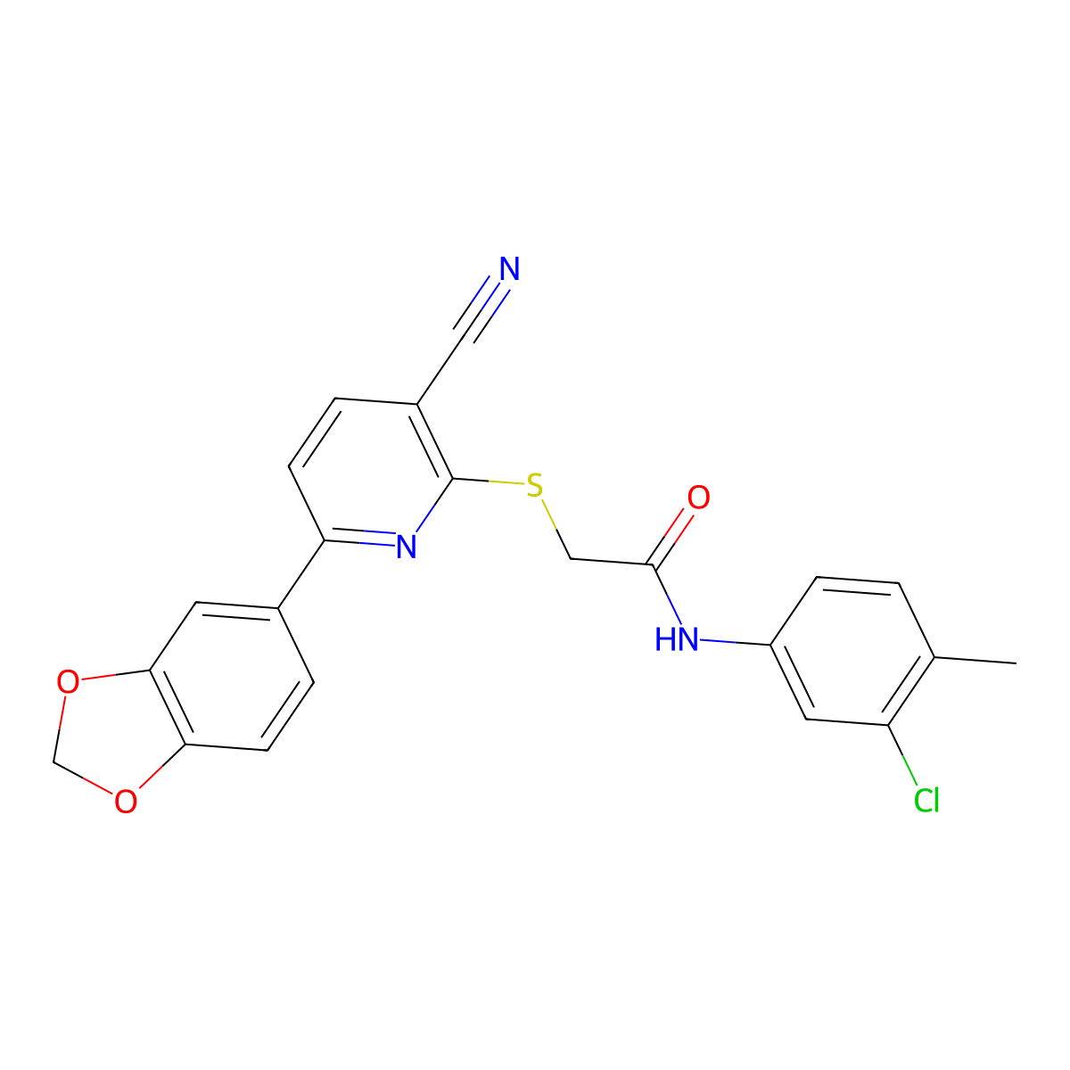 2-[6-(1,3-benzodioxol-5-yl)-3-cyanopyridin-2-yl]sulfanyl-N-(3-chloro-4-methylphenyl)acetamide molecular structure, CAS 488137-40-2