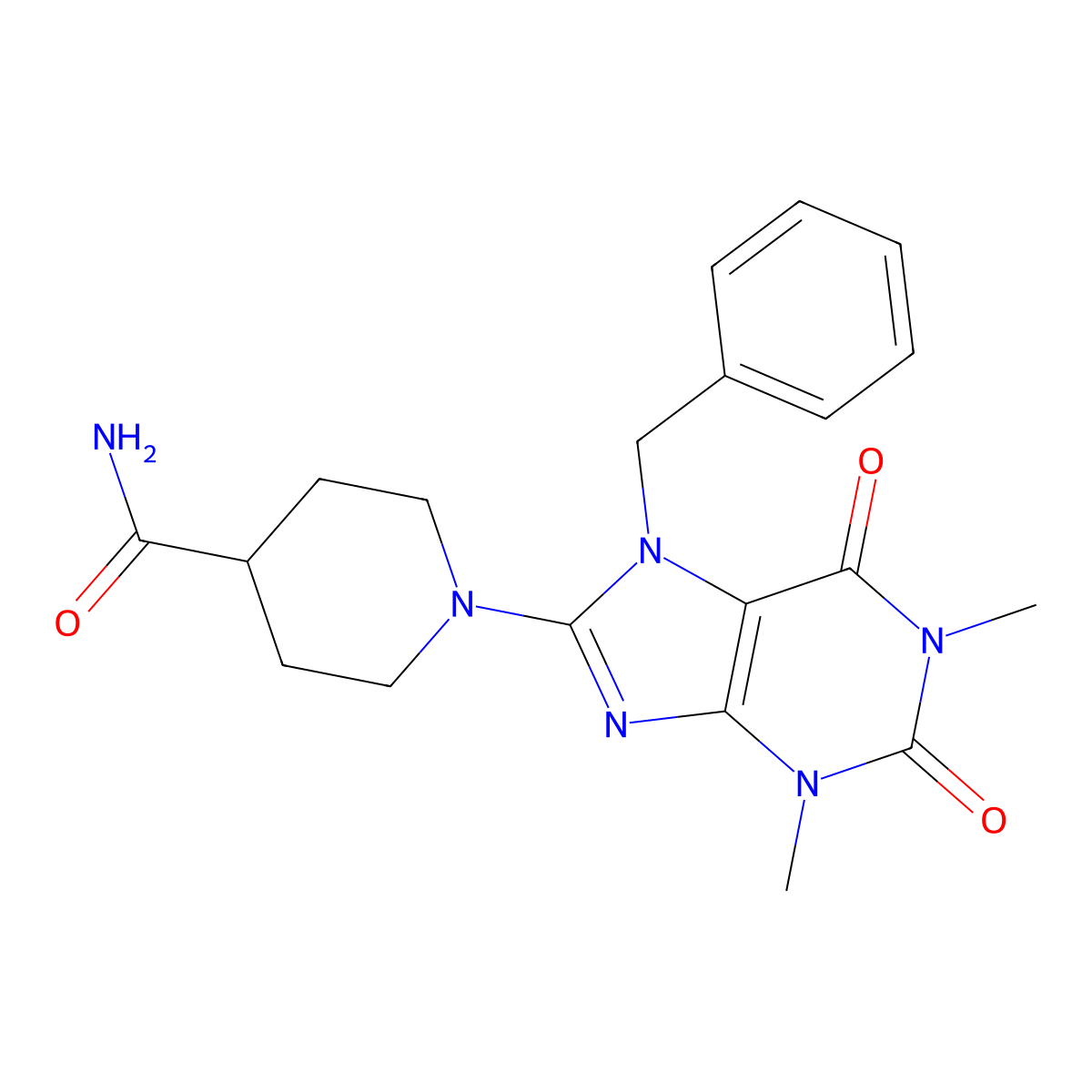 1-(7-benzyl-1,3-dimethyl-2,6-dioxo-2,3,6,7-tetrahydro-1H-purin-8-yl)piperidine-4-carboxamide molecular structure, CAS 488138-24-5