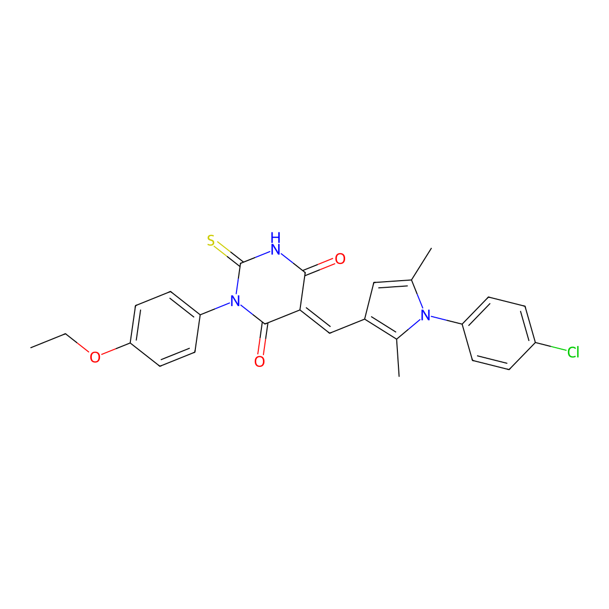 5-[[1-(4-Chlorophenyl)-2,5-dimethylpyrrol-3-yl]methylidene]-1-(4-ethoxyphenyl)-2-sulfanylidene-1,3-diazinane-4,6-dione molecular structure, CAS 4882-61-5
