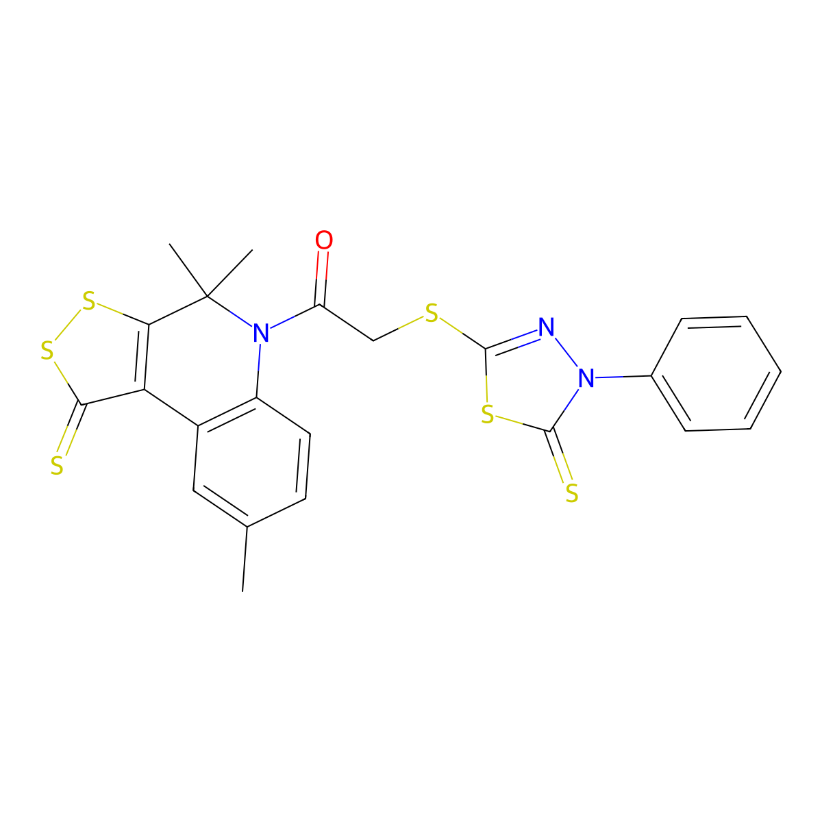 2-[(4-phenyl-5-thioxo-4,5-dihydro-1,3,4-thiadiazol-2-yl)sulfanyl]-1-(4,4,8-trimethyl-1-thioxo-1,4-dihydro-5H-[1,2]dithiolo[3,4-c]quinolin-5-yl)ethanone molecular structure, CAS 488705-48-2