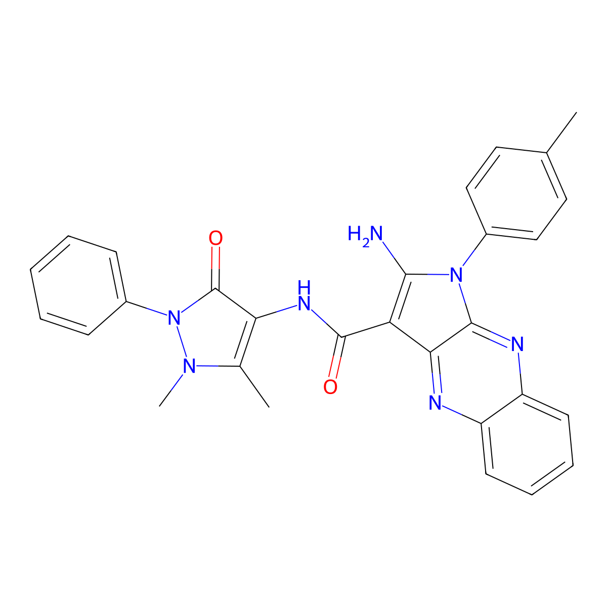 2-amino-N-(1,5-dimethyl-3-oxo-2-phenyl-2,3-dihydro-1H-pyrazol-4-yl)-1-(4-methylphenyl)-1H-pyrrolo[2,3-b]quinoxaline-3-carboxamide molecular structure, CAS 488706-62-3