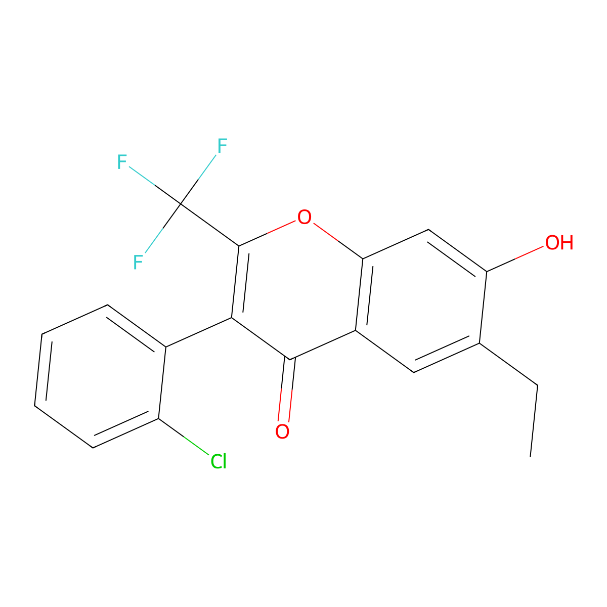 3-(2-chlorophenyl)-6-ethyl-7-hydroxy-2-(trifluoromethyl)-4H-chromen-4-one molecular structure, CAS 488706-68-9
