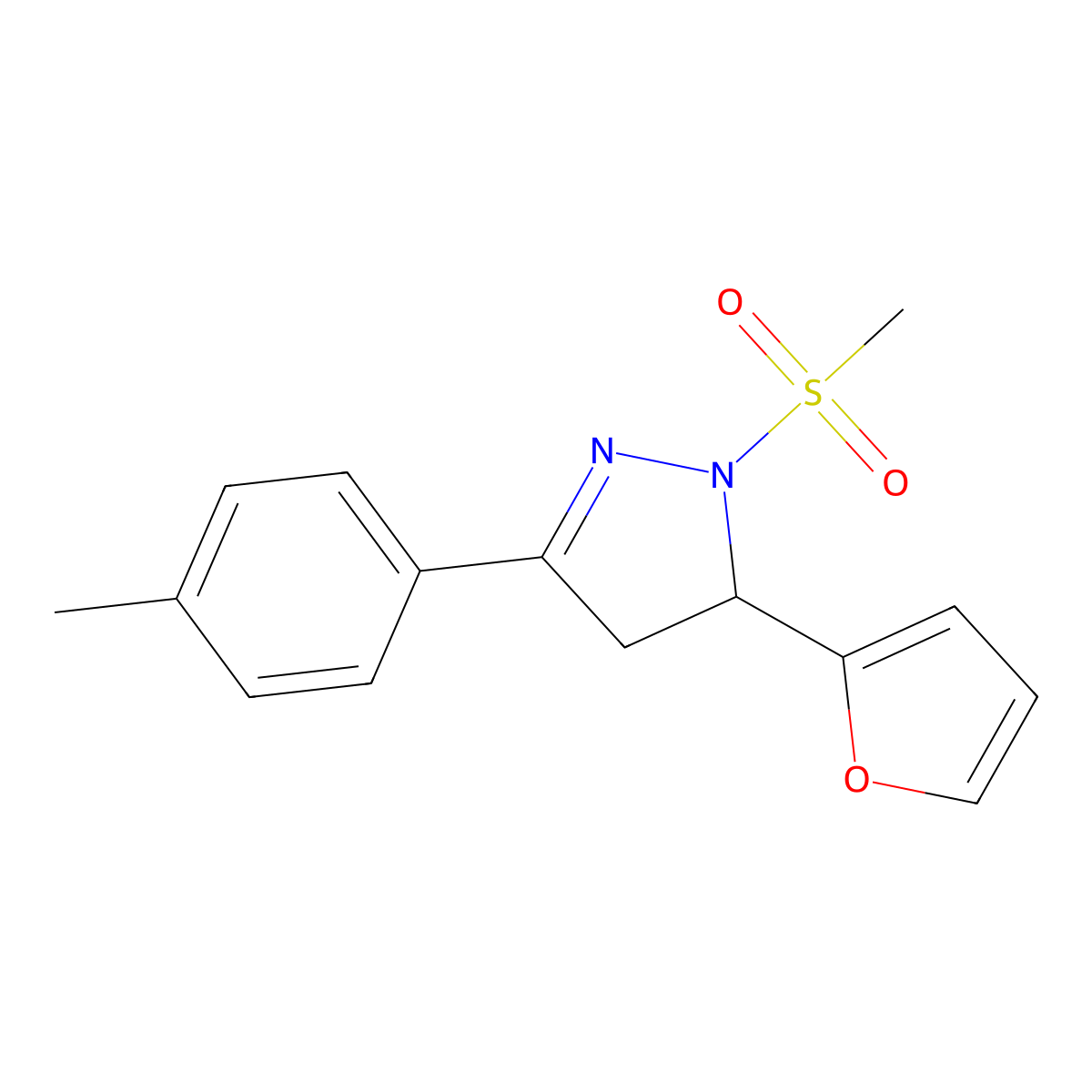 5-(furan-2-yl)-1-(methylsulfonyl)-3-(p-tolyl)-4,5-dihydro-1H-pyrazole molecular structure, CAS 488706-75-8