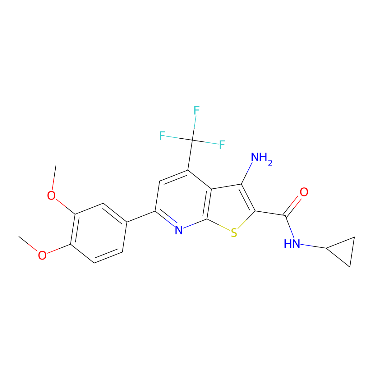 3-amino-N-cyclopropyl-6-(3,4-dimethoxyphenyl)-4-(trifluoromethyl)thieno[2,3-b]pyridine-2-carboxamide molecular structure, CAS 488706-81-6
