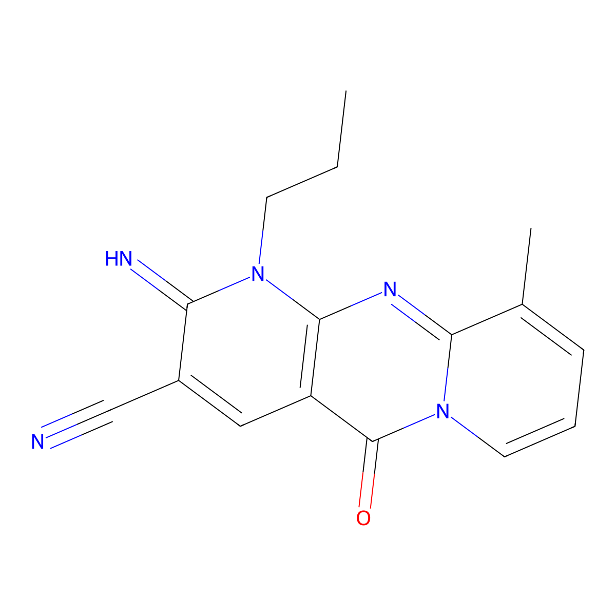 2-imino-10-methyl-5-oxo-1-propyl-2,5-dihydro-1H-dipyrido[1,2-a:2',3'-d]pyrimidine-3-carbonitrile molecular structure, CAS 488706-92-9