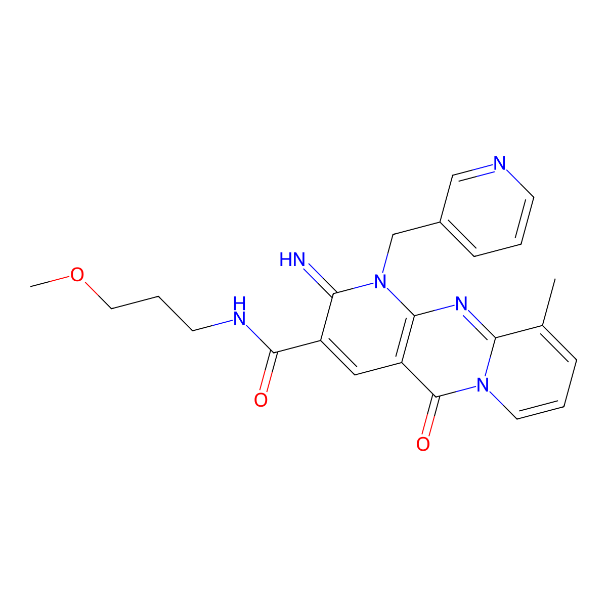 2-Imino-N-(3-methoxypropyl)-10-methyl-5-oxo-1-(3-pyridinylmethyl)-1,5-dihydro-2H-dipyrido(1,2-A:2,3-D)pyrimidine-3-carboxamide molecular structure, CAS 488708-69-6