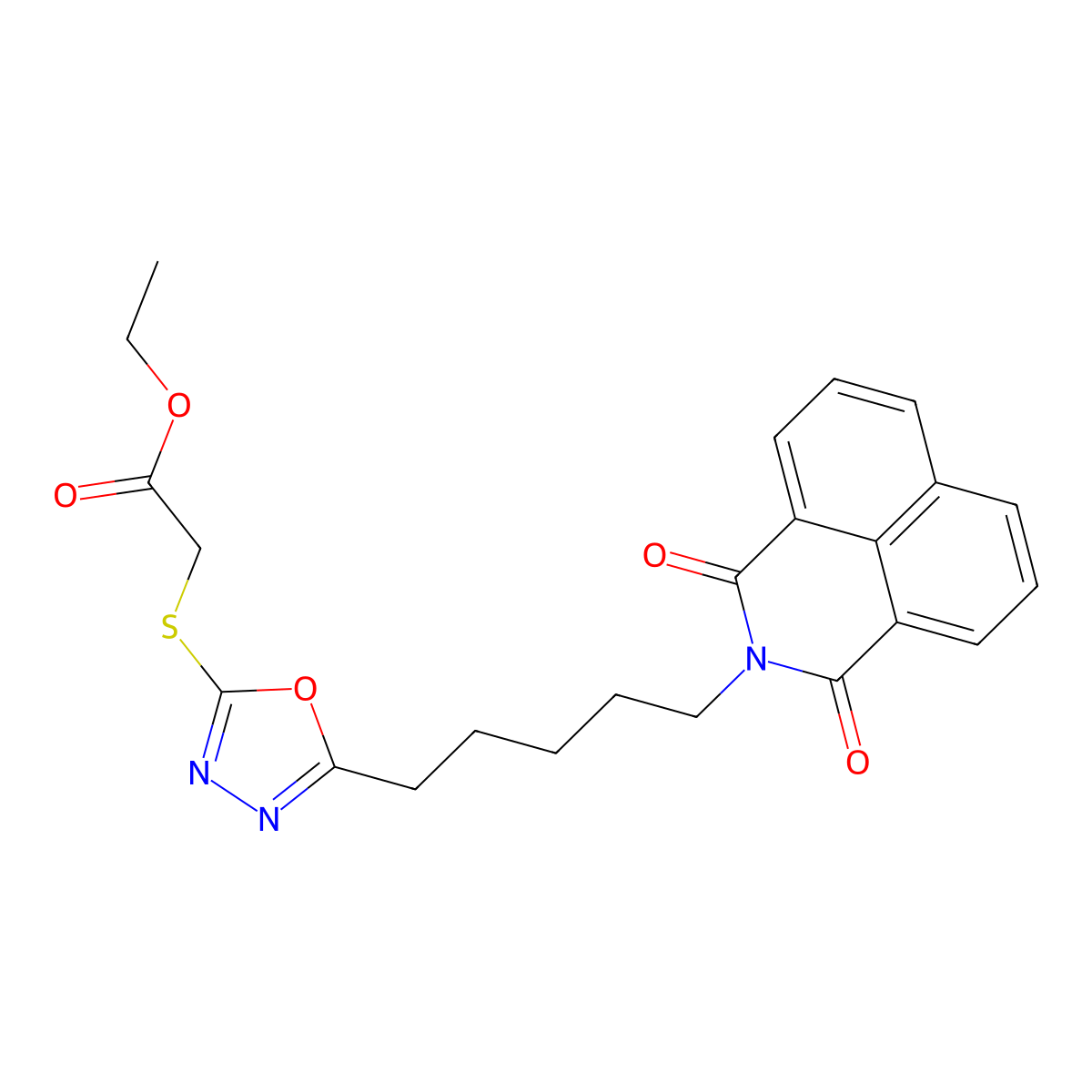 ethyl ({5-[5-(1,3-dioxo-1H-benzo[de]isoquinolin-2(3H)-yl)pentyl]-1,3,4-oxadiazol-2-yl}sulfanyl)acetate molecular structure, CAS 488709-31-5