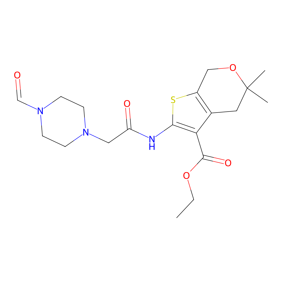 Ethyl 2-[[2-(4-formylpiperazin-1-yl)acetyl]amino]-5,5-dimethyl-4,7-dihydrothieno[2,3-c]pyran-3-carboxylate molecular structure, CAS 488709-69-9