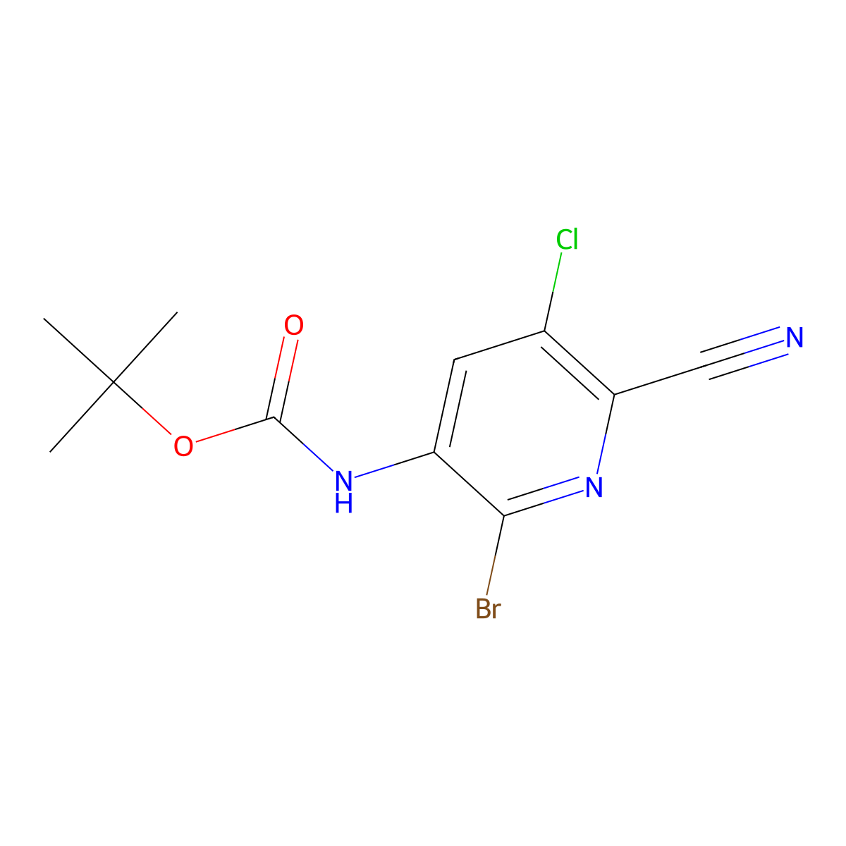 tert-Butyl (2-bromo-5-chloro-6-cyanopyridin-3-yl)carbamate molecular structure, CAS 488713-28-6