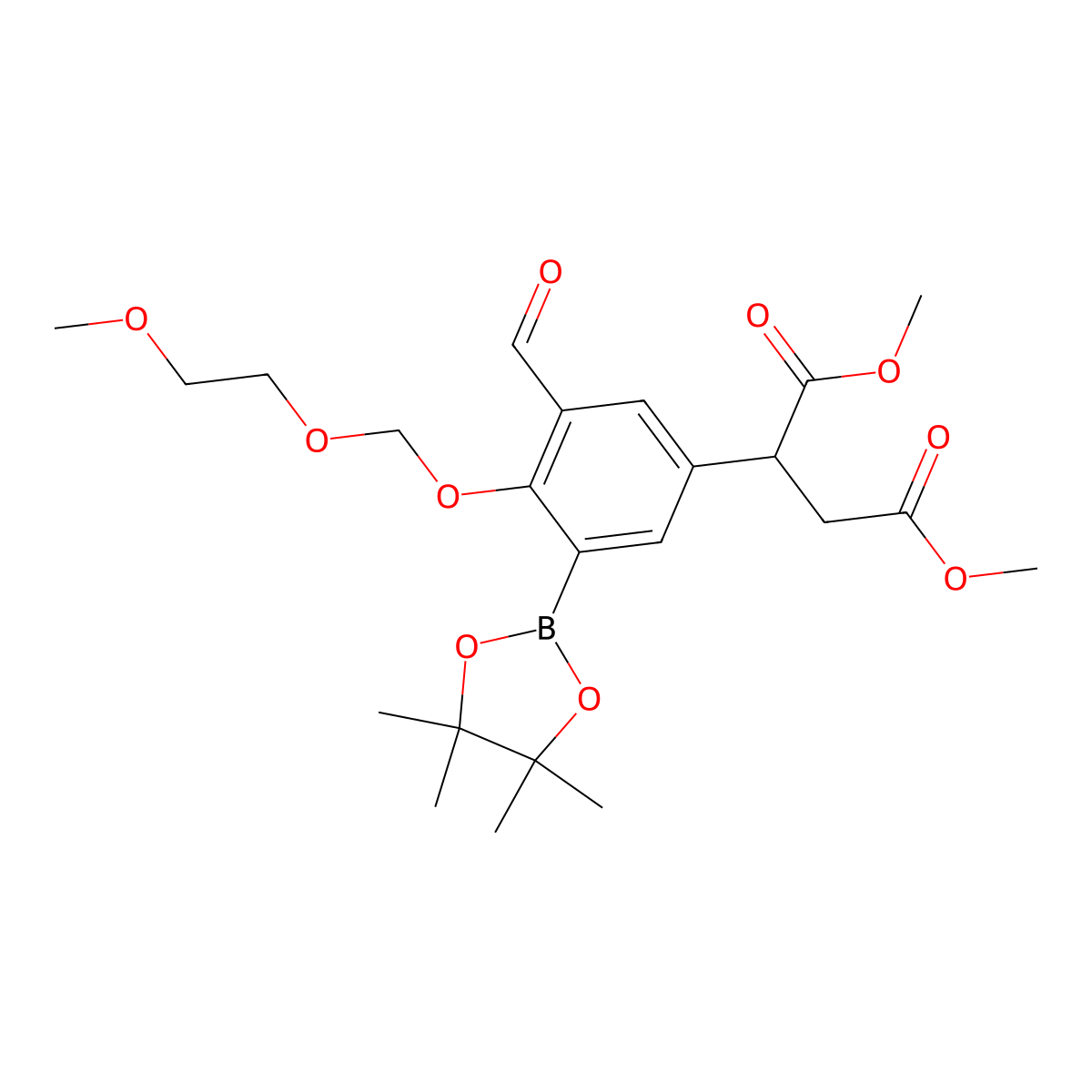 Dimethyl 2-(3-formyl-4-((2-methoxyethoxy)methoxy)-5-(4,4,5,5-tetramethyl-1,3,2-dioxaborolan-2-yl)phenyl)succinate molecular structure, CAS 488713-67-3