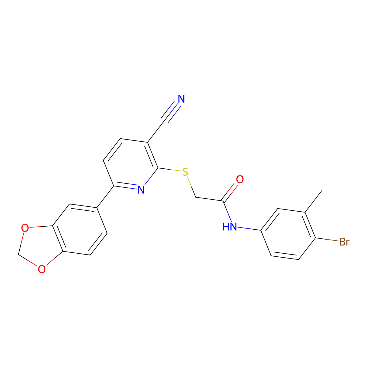 2-[6-(1,3-benzodioxol-5-yl)-3-cyanopyridin-2-yl]sulfanyl-N-(4-bromo-3-methylphenyl)acetamide molecular structure, CAS 488715-12-4