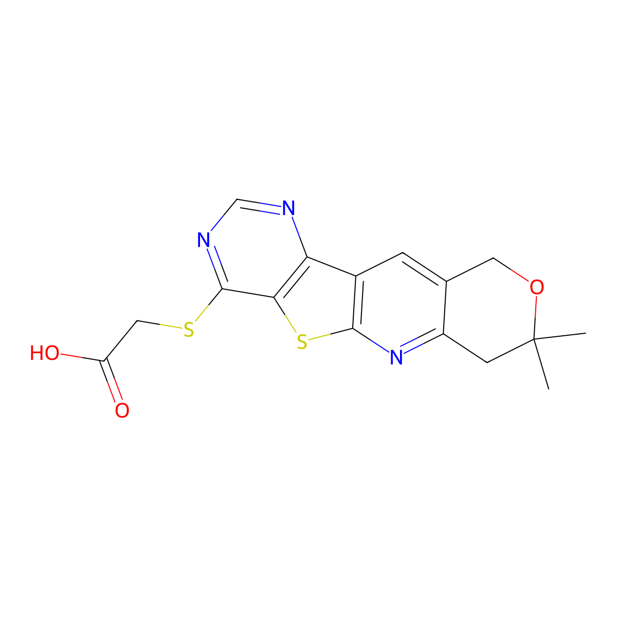 (8,8-Dimethyl-8,9-dihydro-6H-7-oxa-11-thia-2,4,10-triaza-benzo[b]fluoren-1-ylsulfanyl)-acetic acid molecular structure, CAS 488715-15-7