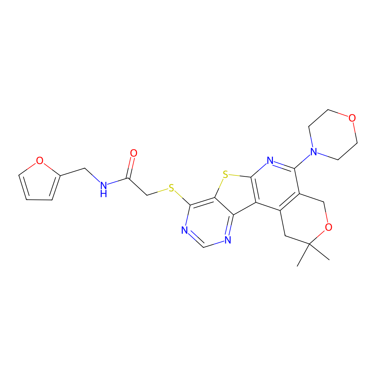 2-((2,2-dimethyl-5-morpholino-2,4-dihydro-1H-pyrano[4'',3'':4',5']pyrido[3',2':4,5]thieno[3,2-d]pyrimidin-8-yl)thio)-N-(furan-2-ylmethyl)acetamide molecular structure, CAS 488715-19-1
