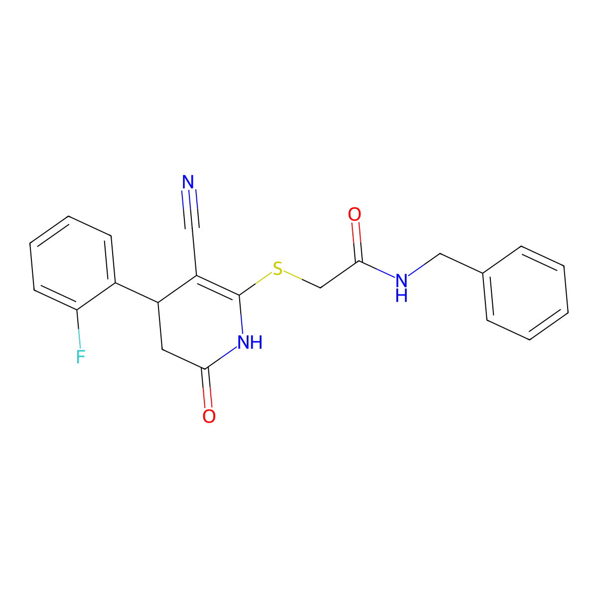 N-benzyl-2-{[3-cyano-4-(2-fluorophenyl)-6-oxo-1,4,5,6-tetrahydropyridin-2-yl]sulfanyl}acetamide molecular structure, CAS 488716-47-8