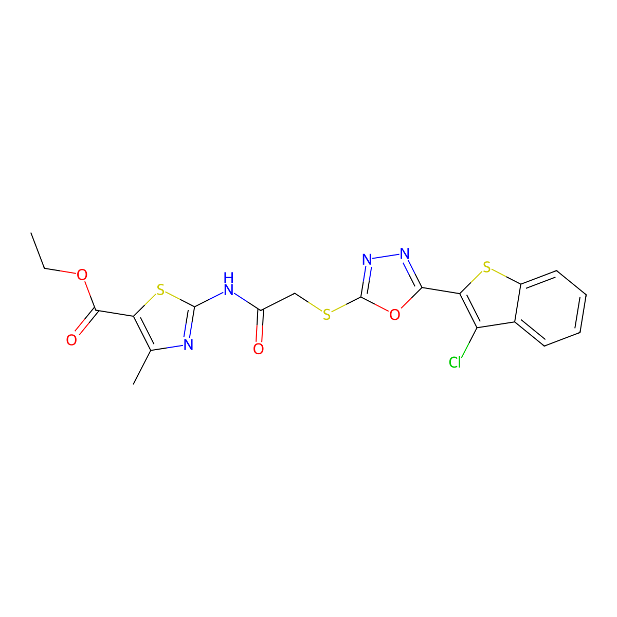 Ethyl 2-[[2-[[5-(3-chloro-1-benzothiophen-2-yl)-1,3,4-oxadiazol-2-yl]sulfanyl]acetyl]amino]-4-methyl-1,3-thiazole-5-carboxylate molecular structure, CAS 488716-52-5