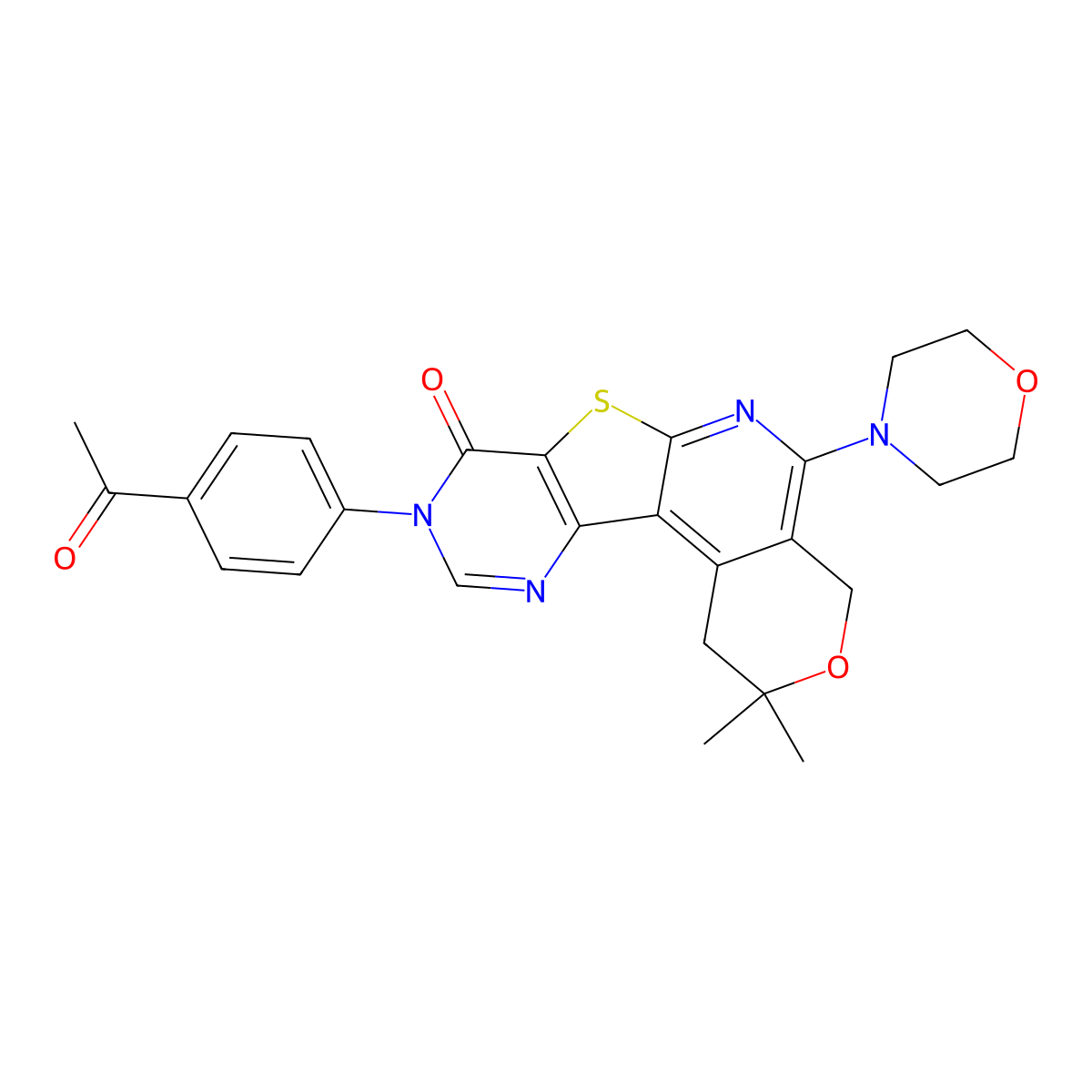 9-(4-acetylphenyl)-2,2-dimethyl-5-morpholino-4,9-dihydro-1H-pyrano[4'',3'':4',5']pyrido[3',2':4,5]thieno[3,2-d]pyrimidin-8(2H)-one molecular structure, CAS 488716-67-2