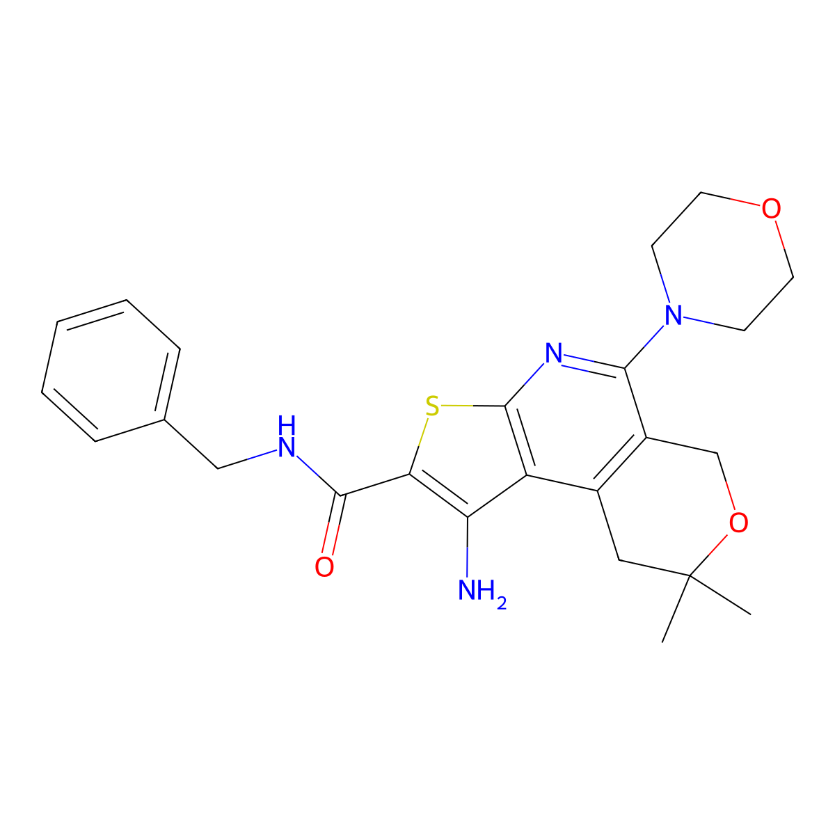 1-amino-N-benzyl-8,8-dimethyl-5-morpholino-8,9-dihydro-6H-pyrano[4,3-d]thieno[2,3-b]pyridine-2-carboxamide molecular structure, CAS 488716-68-3