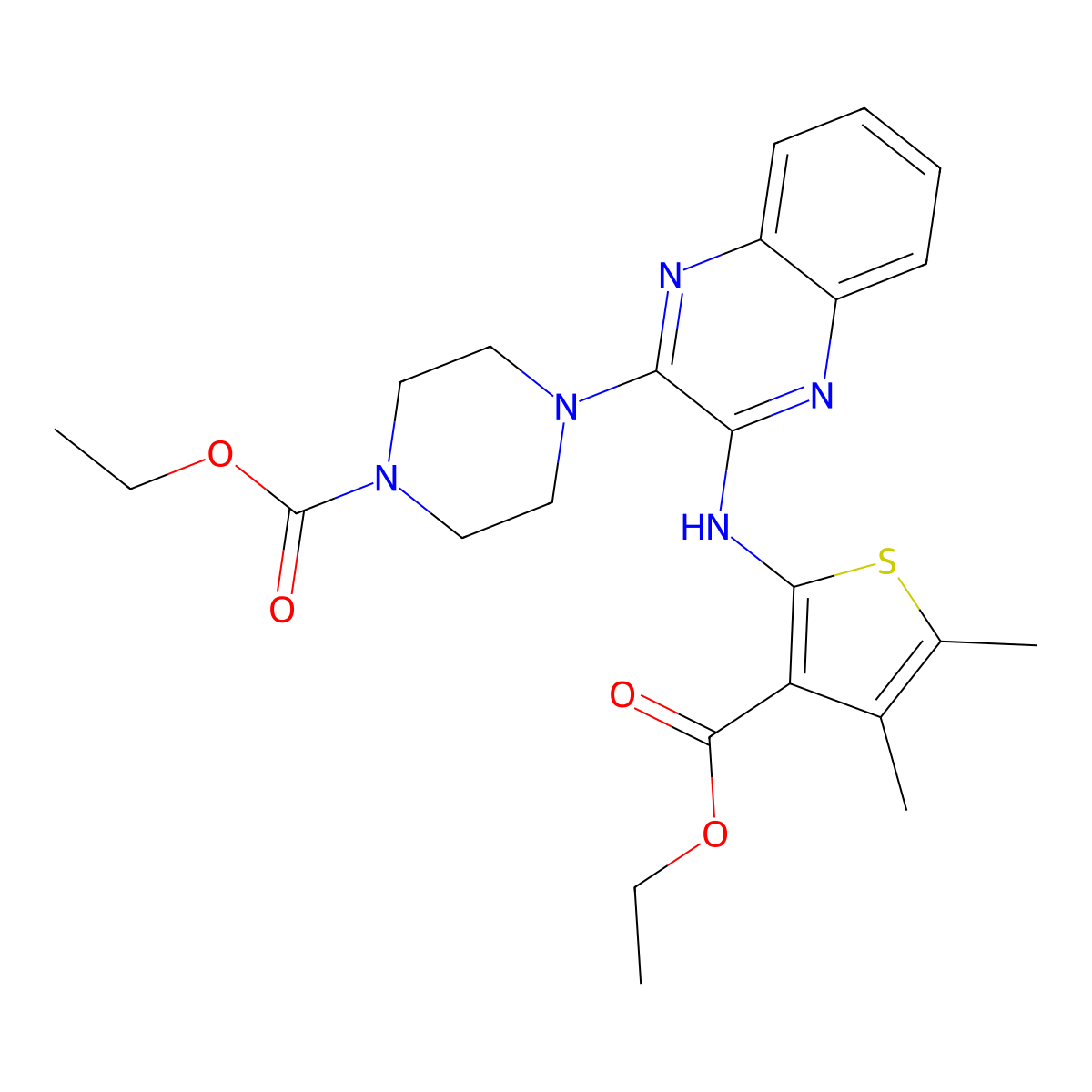 Ethyl 4-(3-{[3-(ethoxycarbonyl)-4,5-dimethylthiophen-2-yl]amino}quinoxalin-2-yl)piperazine-1-carboxylate molecular structure, CAS 488716-77-4