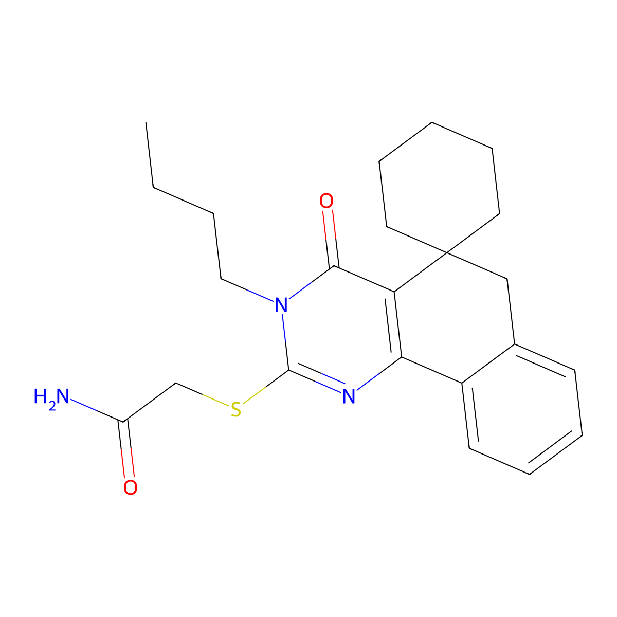 2-(3-butyl-4-oxospiro[6H-benzo[h]quinazoline-5,1'-cyclohexane]-2-yl)sulfanylacetamide molecular structure, CAS 488716-81-0