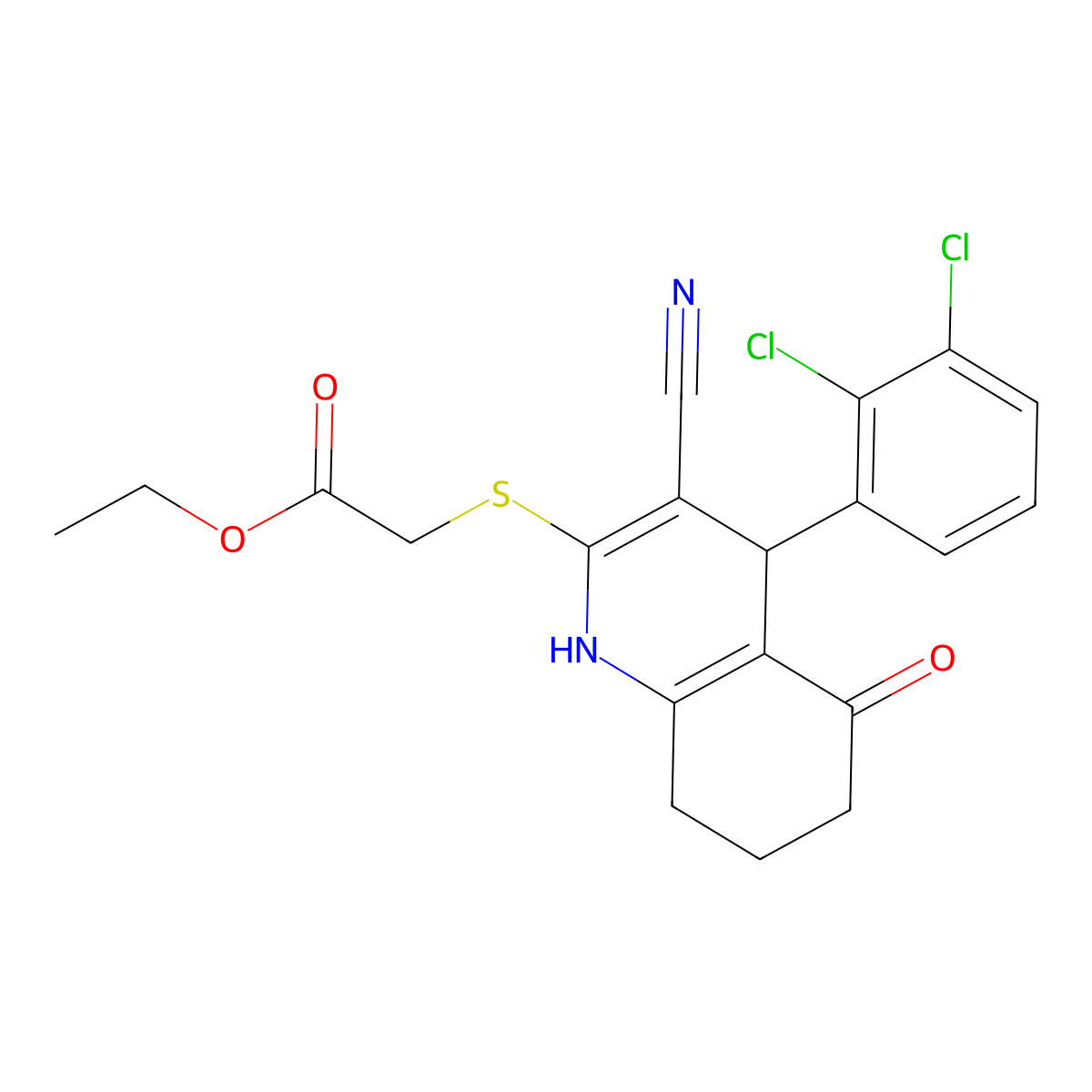 Ethyl {[3-cyano-4-(2,3-dichlorophenyl)-5-oxo-1,4,5,6,7,8-hexahydroquinolin-2-yl]sulfanyl}acetate molecular structure, CAS 488717-28-8