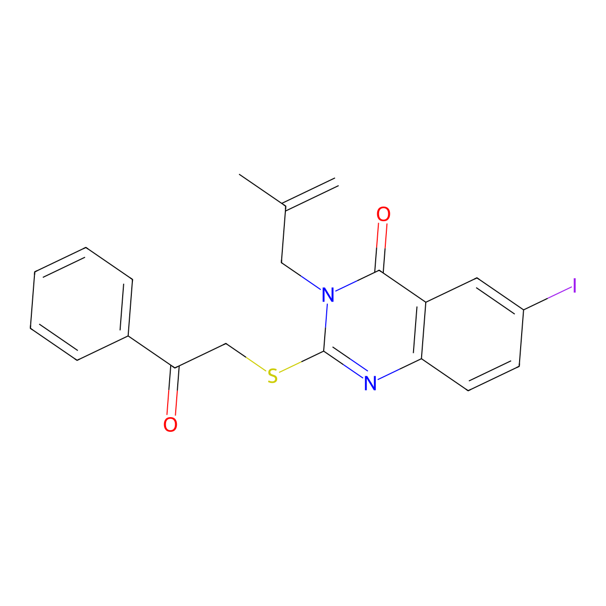 6-Iodo-3-(2-methylprop-2-enyl)-2-phenacylsulfanylquinazolin-4-one molecular structure, CAS 488717-29-9