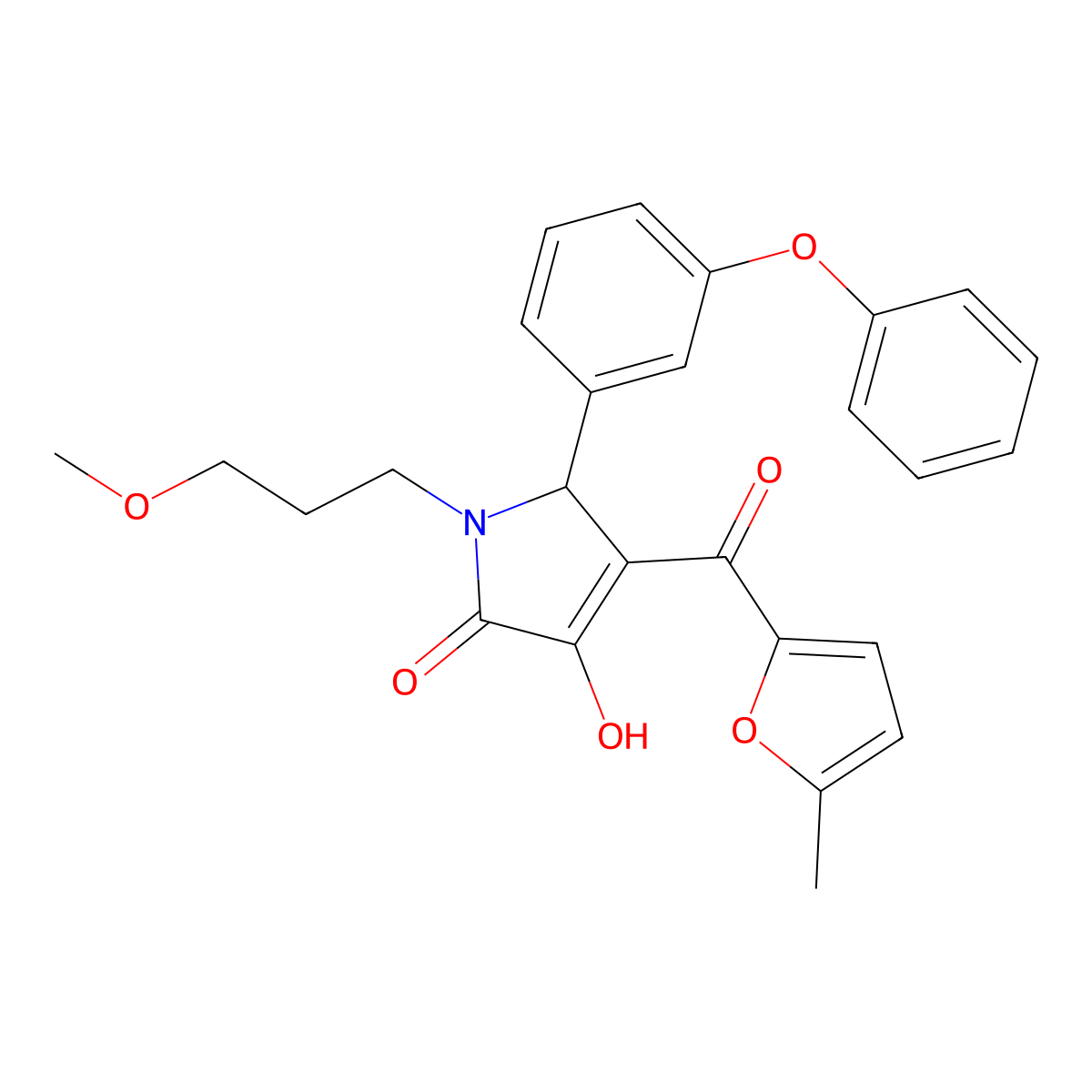 (4E)-4-[hydroxy(5-methylfuran-2-yl)methylidene]-1-(3-methoxypropyl)-5-(3-phenoxyphenyl)pyrrolidine-2,3-dione molecular structure, CAS 488718-29-2
