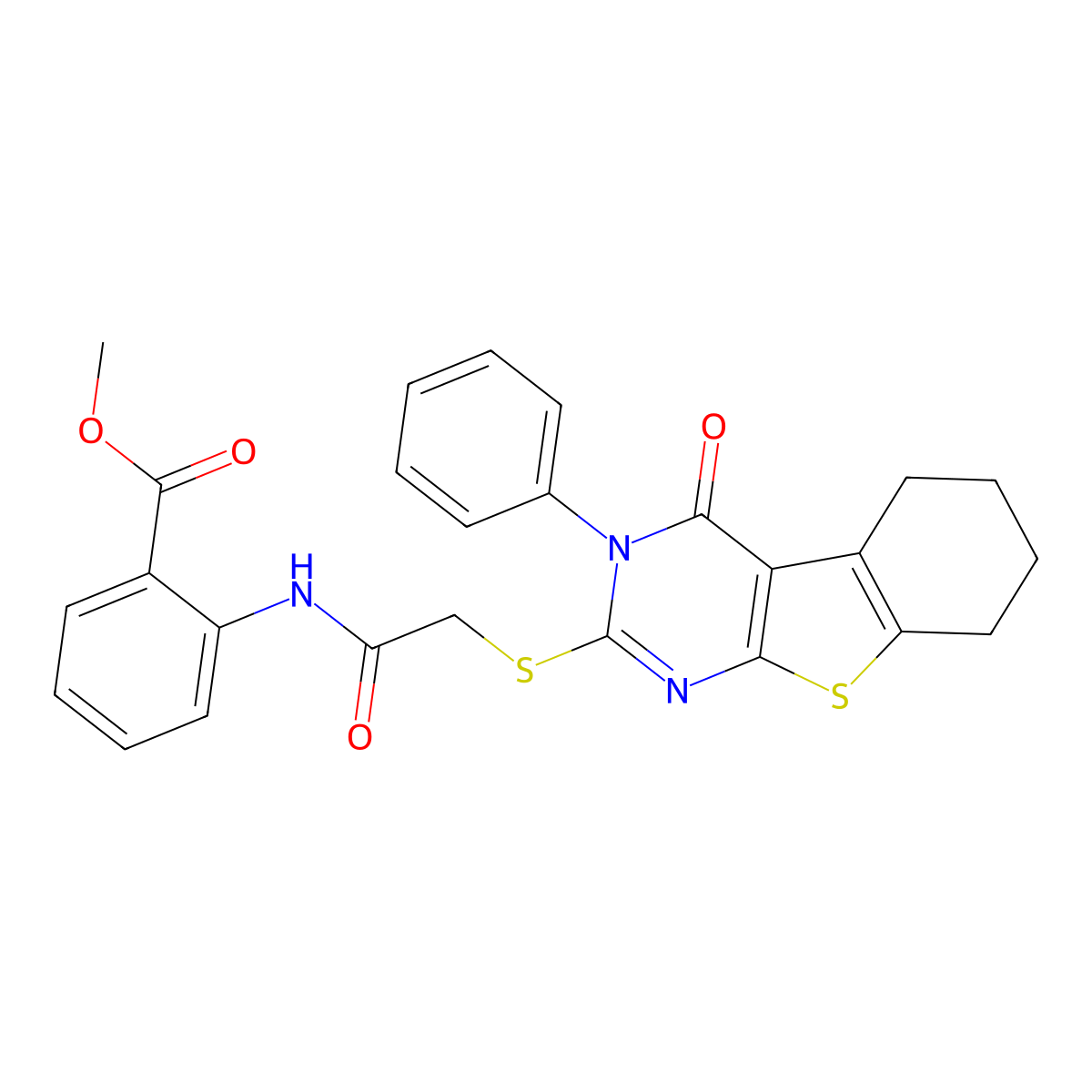 Methyl 2-[2-(4-oxo-3-phenyl-3,5,6,7,8-pentahydrobenzo[b]thiopheno[2,3-d]pyrimi din-2-ylthio)acetylamino]benzoate molecular structure, CAS 488718-98-5