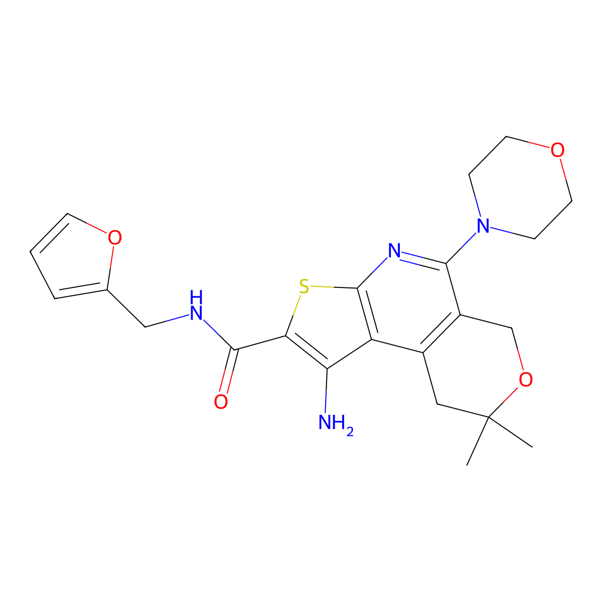 1-amino-N-(furan-2-ylmethyl)-8,8-dimethyl-5-morpholino-8,9-dihydro-6H-pyrano[4,3-d]thieno[2,3-b]pyridine-2-carboxamide molecular structure, CAS 488719-19-3