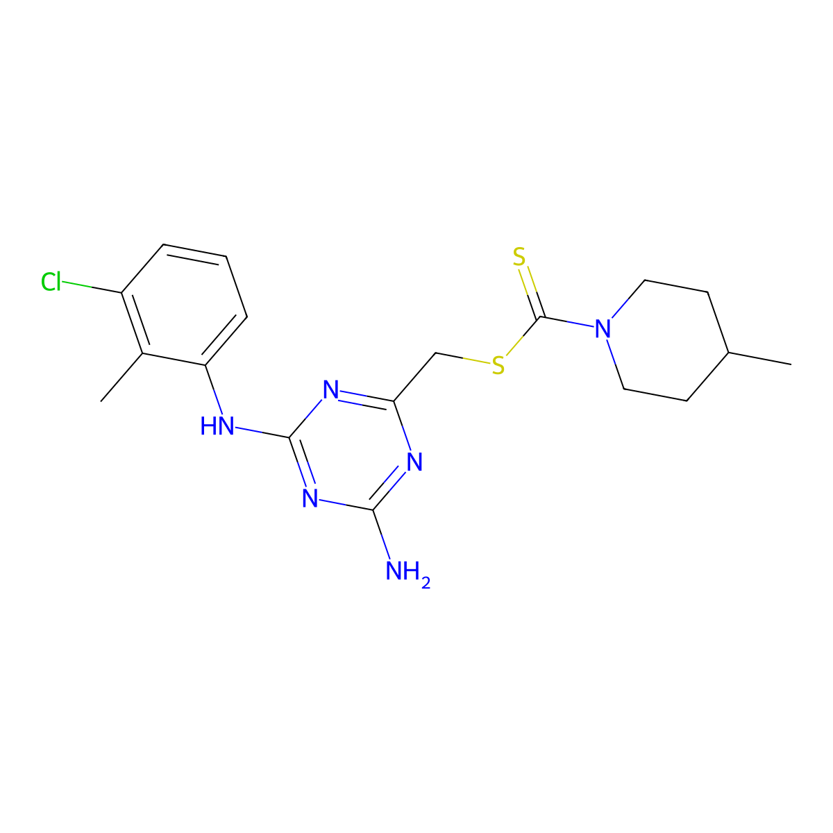 {4-Amino-6-[(3-chloro-2-methylphenyl)amino]-1,3,5-triazin-2-yl}methyl 4-methylpiperidine-1-carbodithioate molecular structure, CAS 488723-26-8