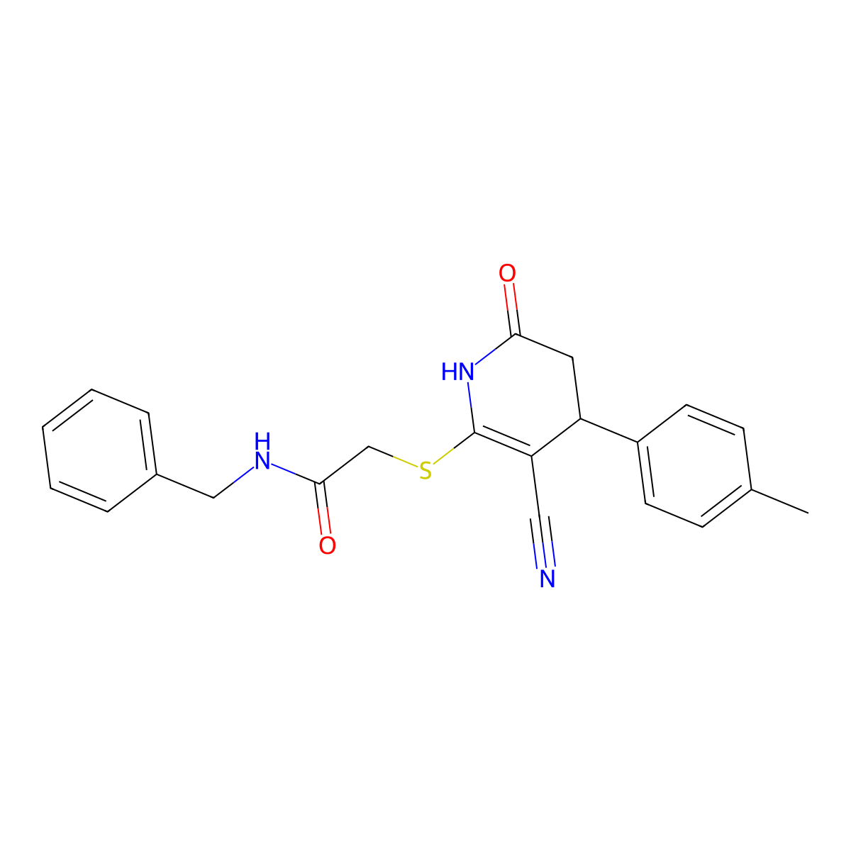 N-benzyl-2-[[5-cyano-4-(4-methylphenyl)-2-oxo-3,4-dihydro-1H-pyridin-6-yl]sulfanyl]acetamide molecular structure, CAS 488723-92-8
