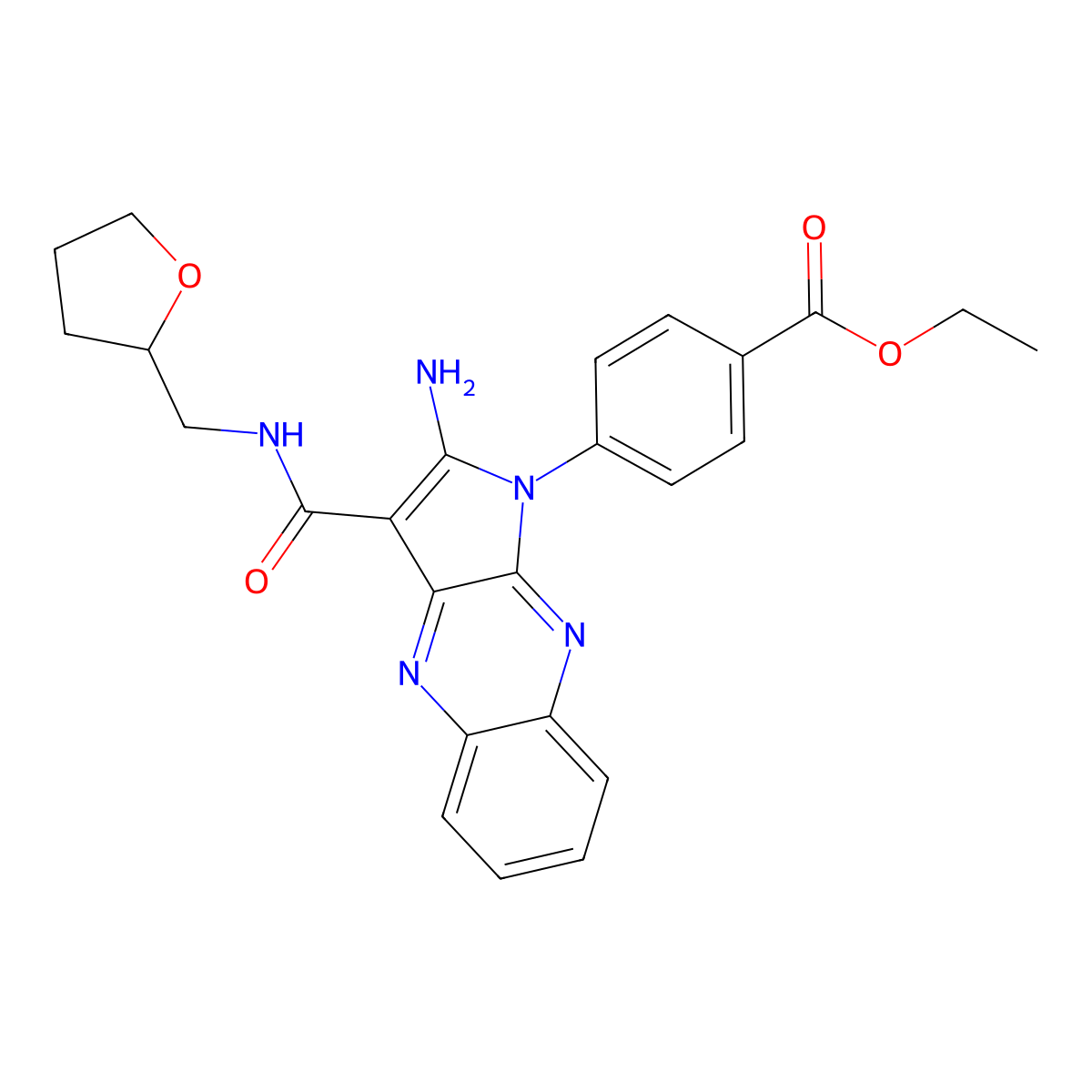 ethyl 4-{2-amino-3-[(tetrahydrofuran-2-ylmethyl)carbamoyl]-1H-pyrrolo[2,3-b]quinoxalin-1-yl}benzoate molecular structure, CAS 488724-01-2