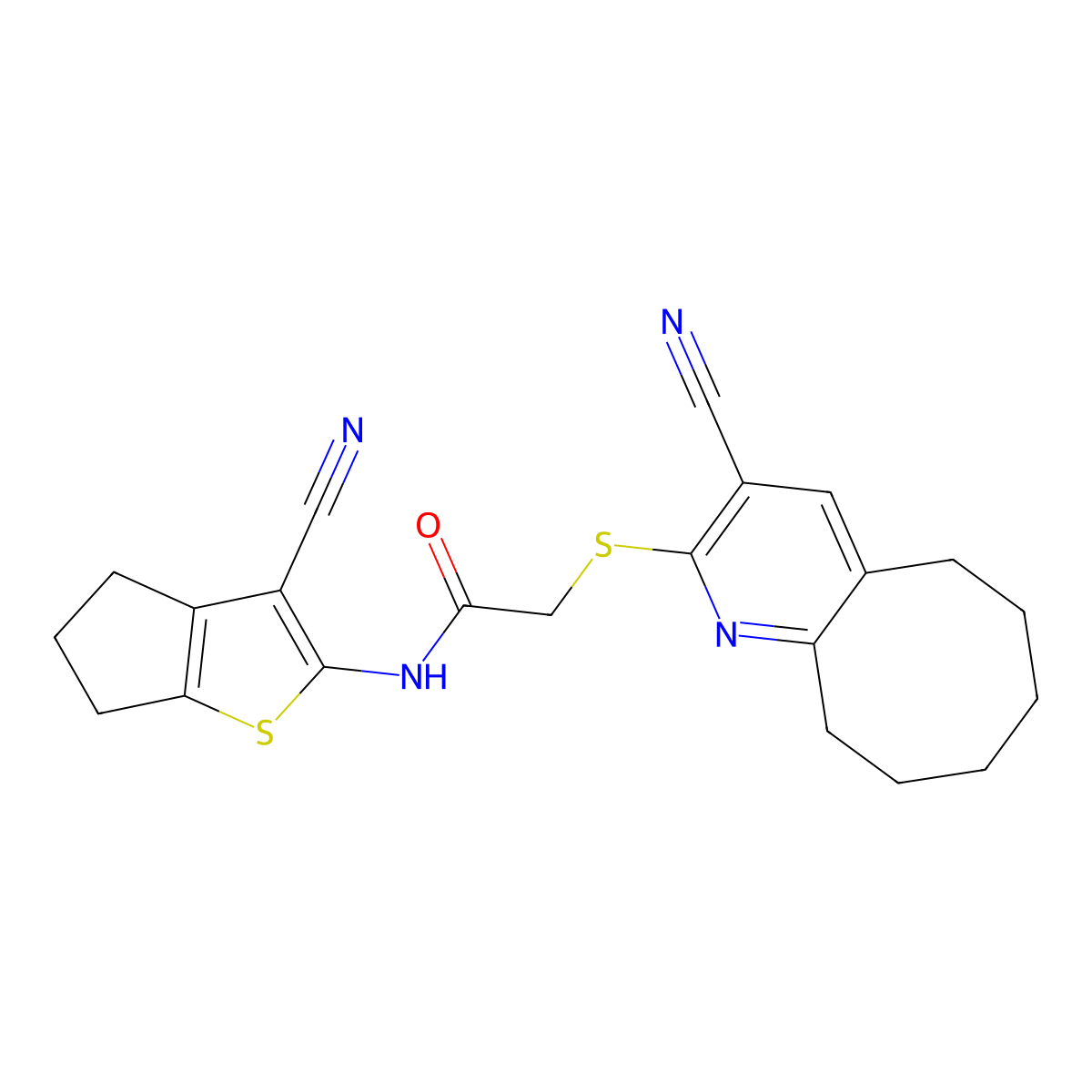 N-(3-cyano-5,6-dihydro-4H-cyclopenta[b]thiophen-2-yl)-2-[(3-cyano-5,6,7,8,9,10-hexahydrocycloocta[b]pyridin-2-yl)sulfanyl]acetamide molecular structure, CAS 488725-33-3