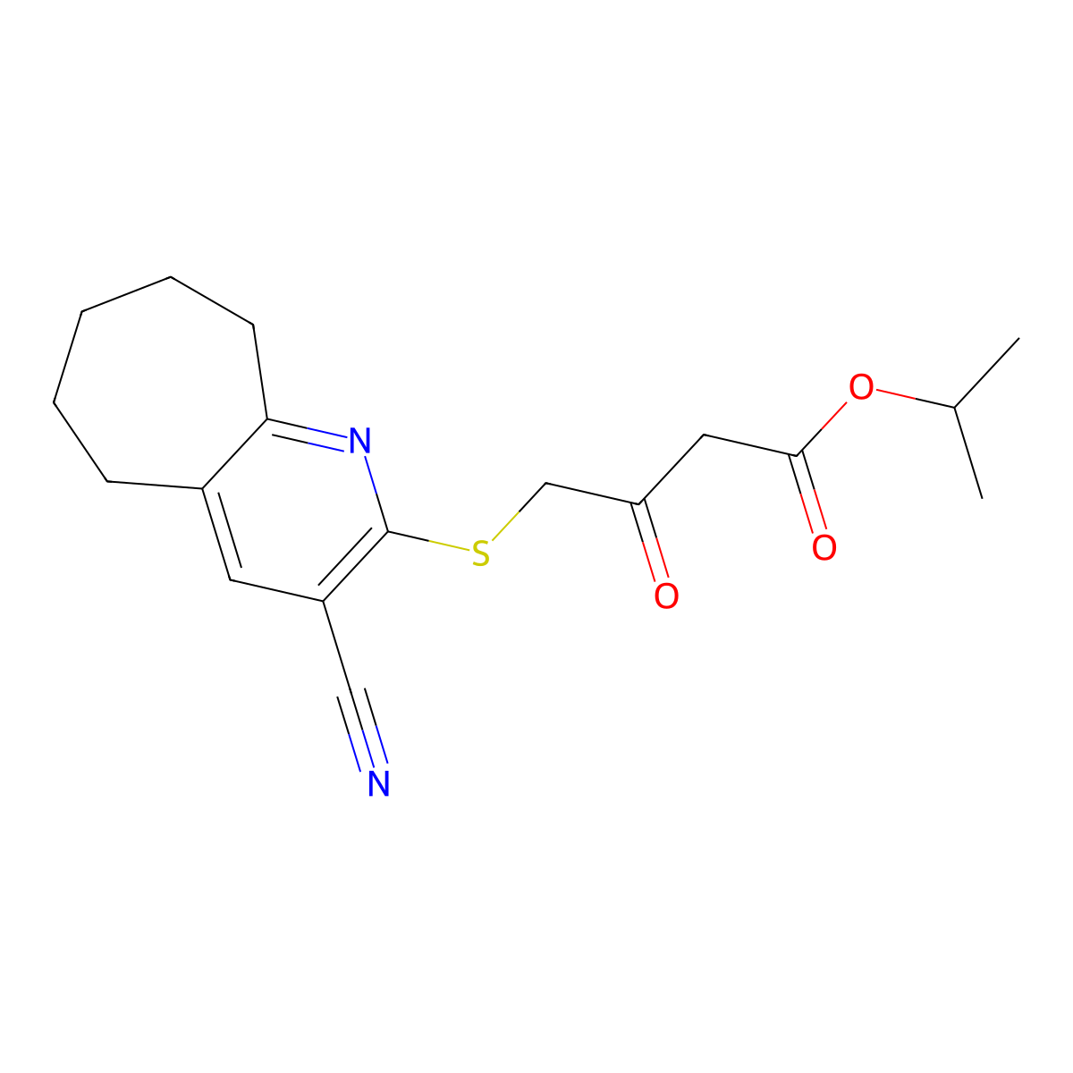 propan-2-yl 4-[(3-cyano-6,7,8,9-tetrahydro-5H-cyclohepta[b]pyridin-2-yl)sulfanyl]-3-oxobutanoate molecular structure, CAS 488725-51-5