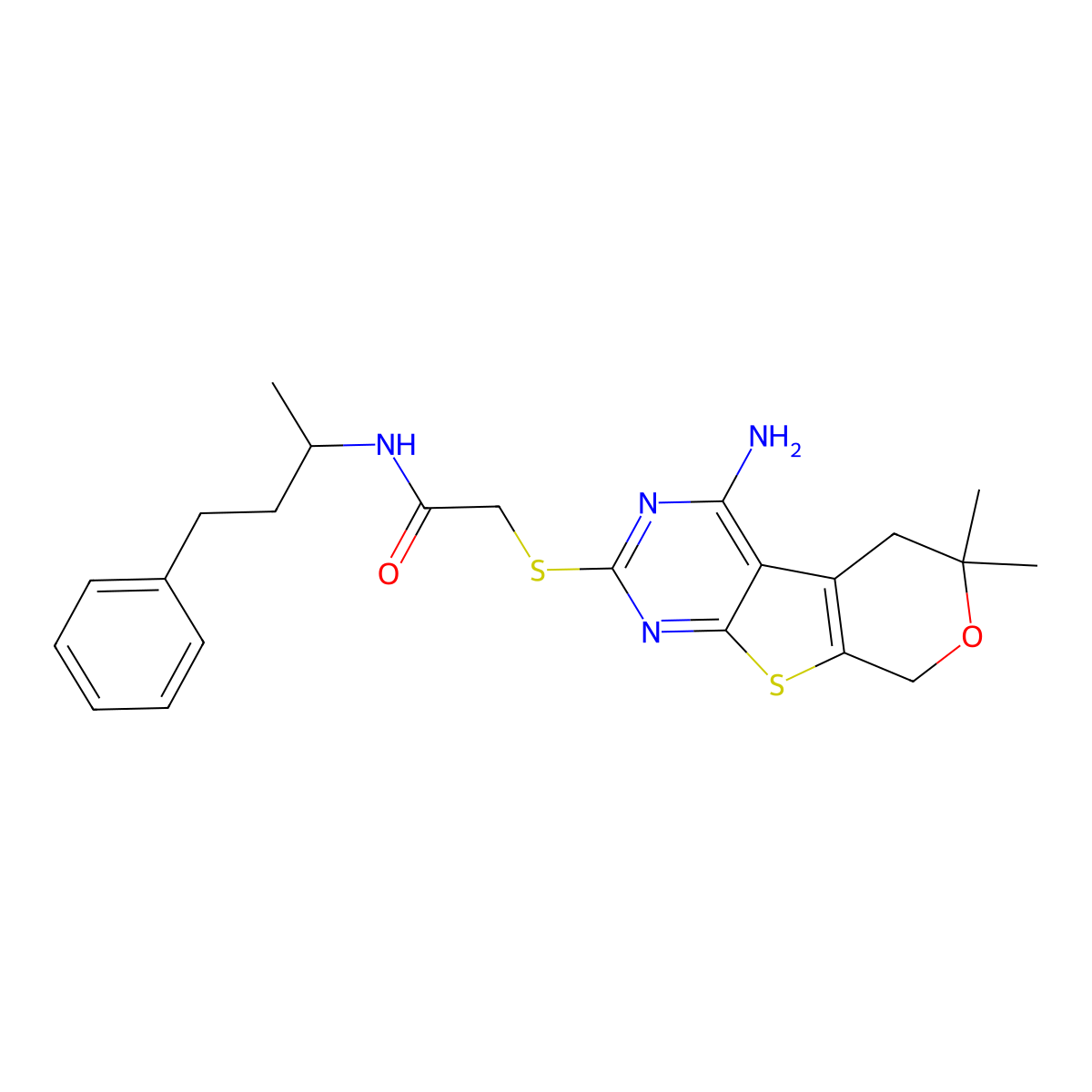 2-[(4-amino-6,6-dimethyl-5,8-dihydropyrano[4,5]thieno[1,2-c]pyrimidin-2-yl)sulfanyl]-N-(4-phenylbutan-2-yl)acetamide molecular structure, CAS 488725-60-6