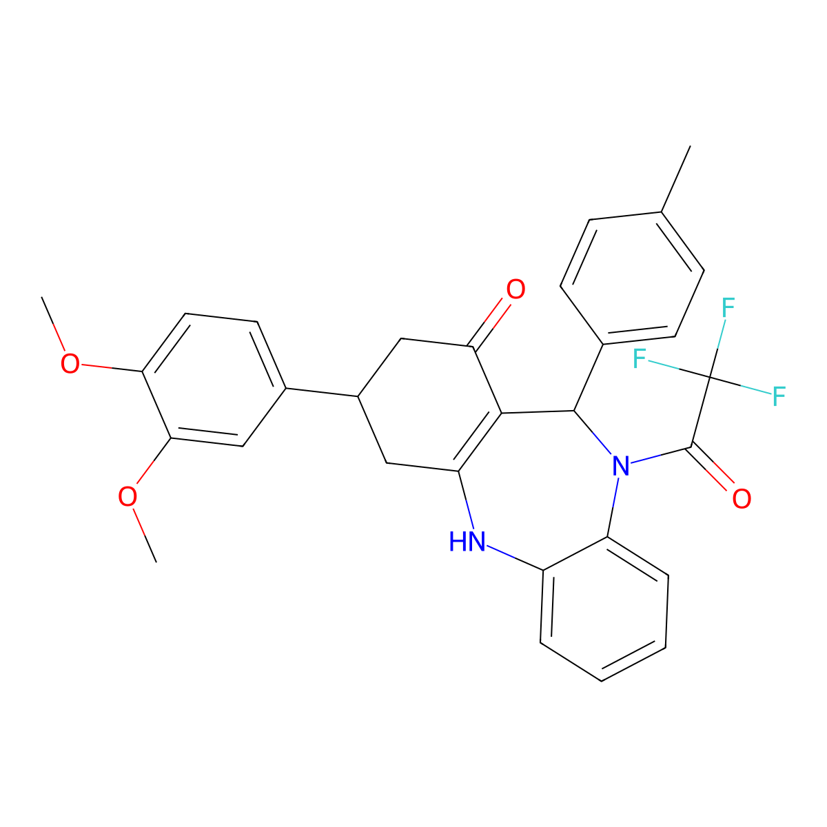 3-(3,4-dimethoxyphenyl)-11-(4-methylphenyl)-10-(trifluoroacetyl)-2,3,4,5,10,11-hexahydro-1H-dibenzo[b,e][1,4]diazepin-1-one molecular structure, CAS 488725-94-6